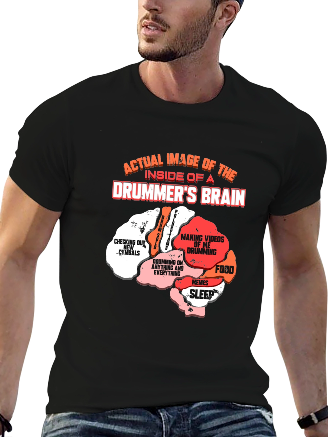 Black Drummer's Brain T-Shirt - Funny Music Tee view 6