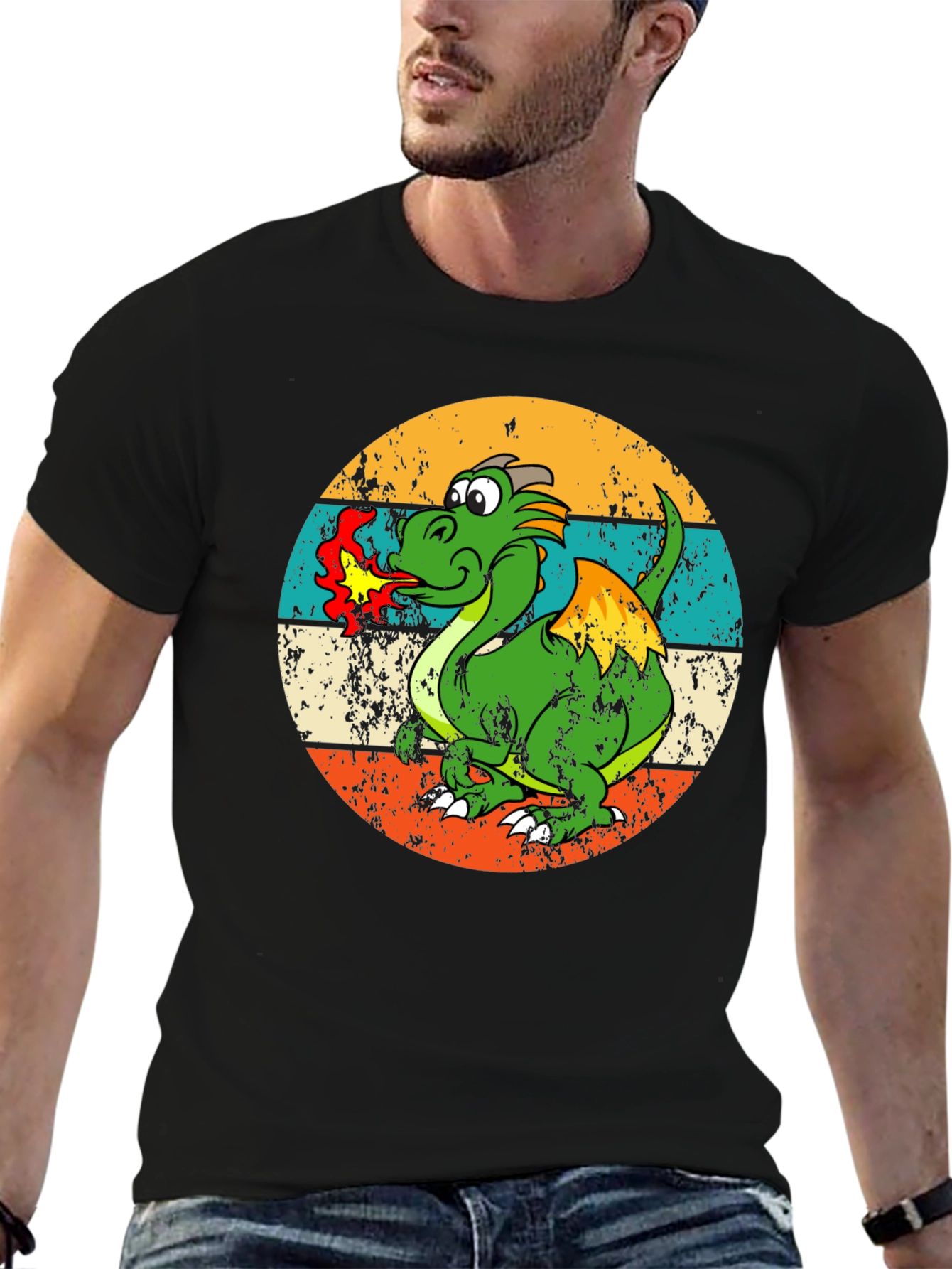 Black Retro Dragon Graphic Tee - Men's Black T-Shirt view 6