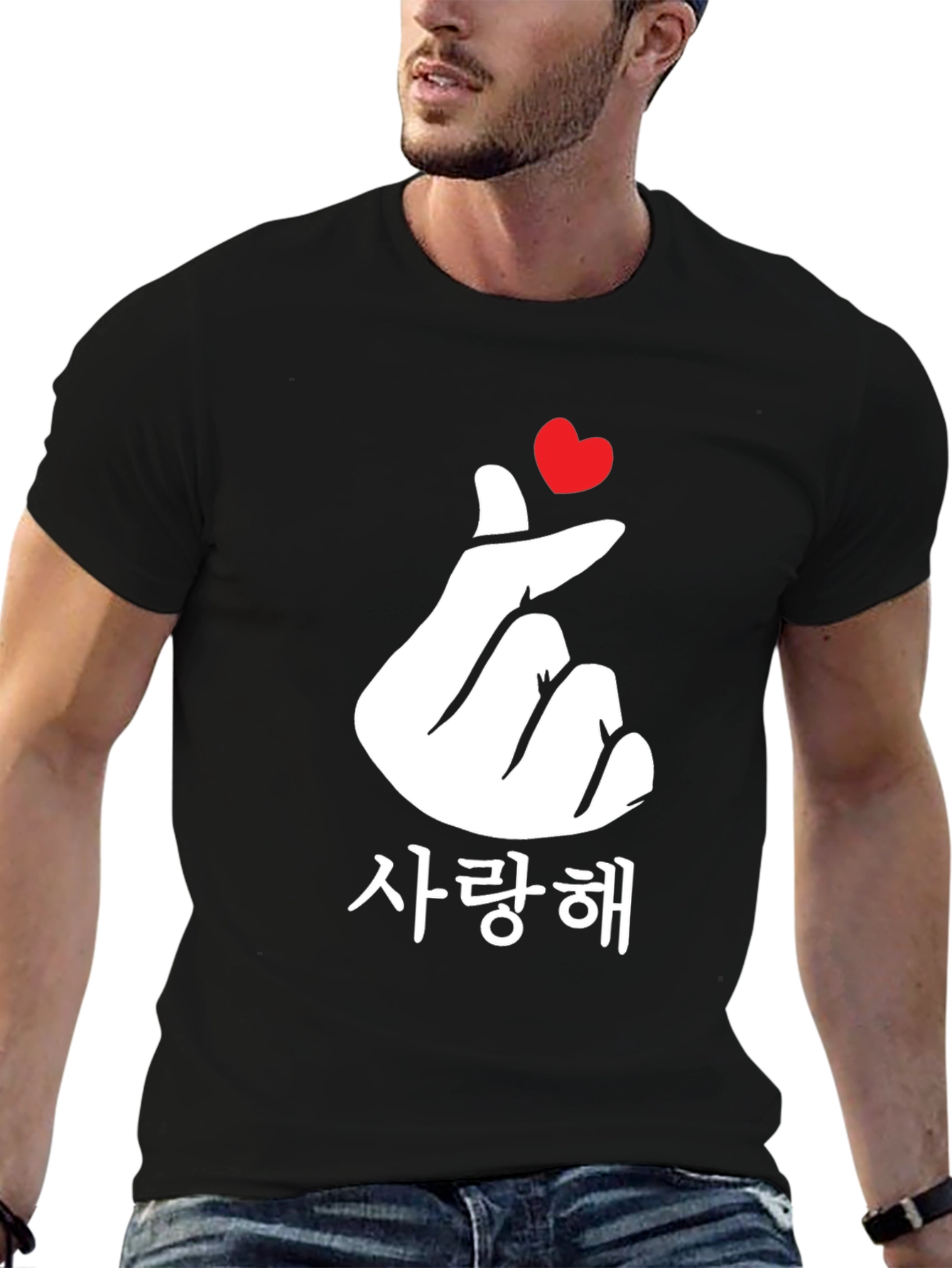 Black Korean Finger Heart Love T-Shirt - Black view 6