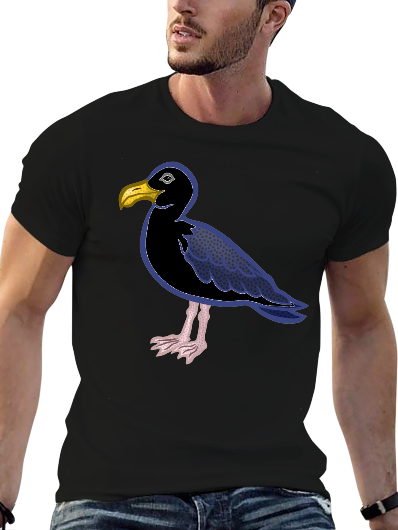 Black Black T-Shirt with Cartoon Seagull Design view 6