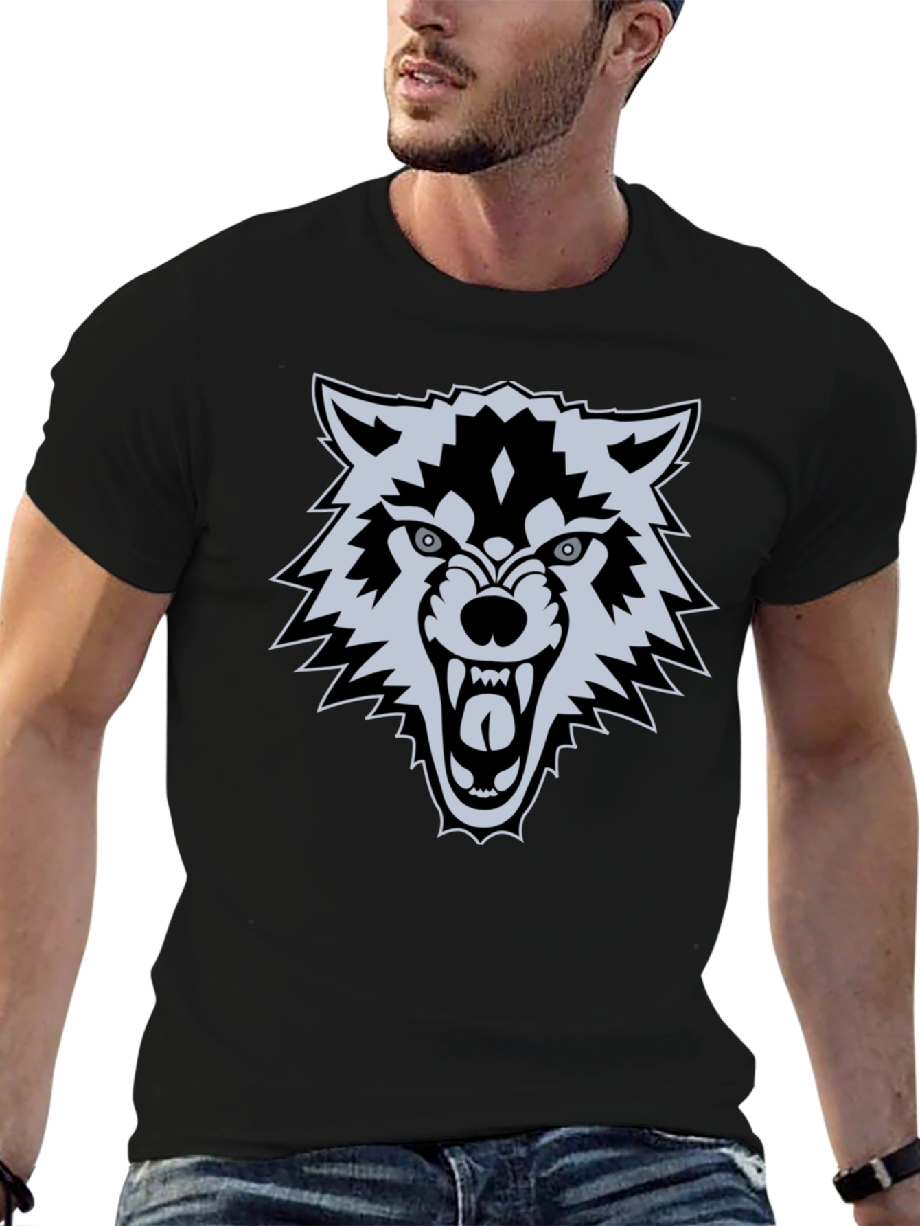 Black Men's Black Wolf Graphic T-Shirt view 6