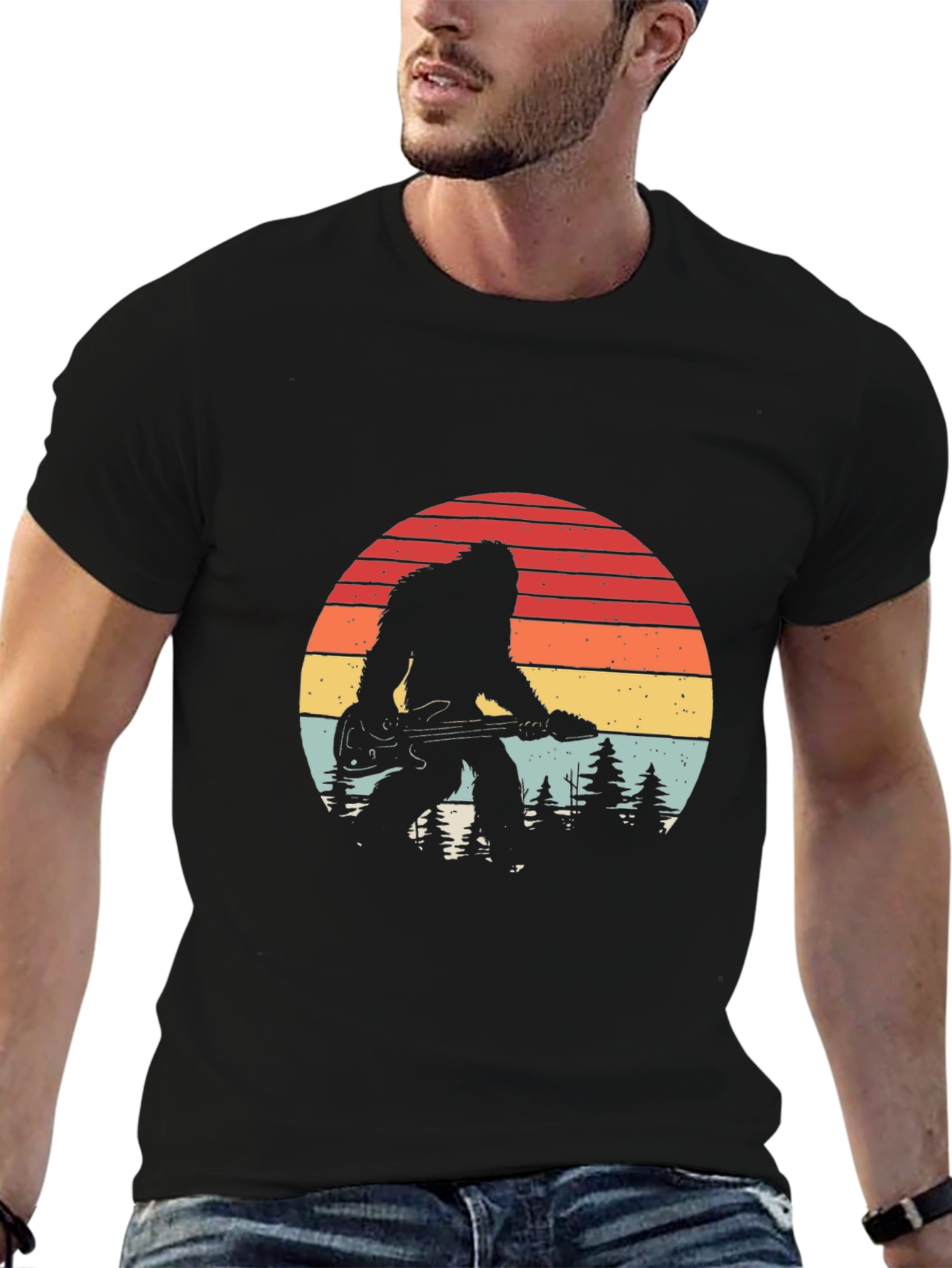 Black Bigfoot Guitarist Retro Graphic Tee view 6