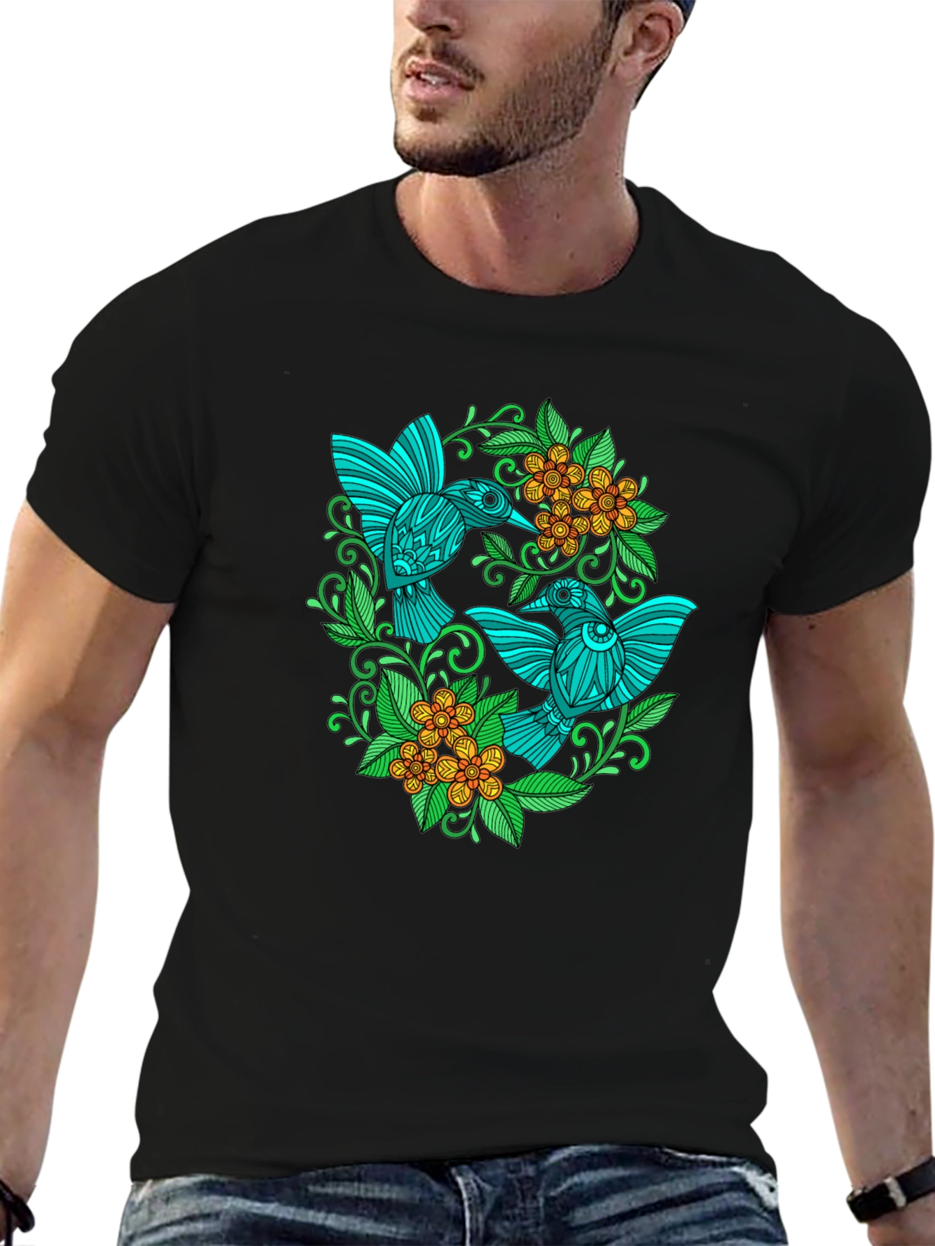 Black Hummingbird Floral T-Shirt - Black view 6