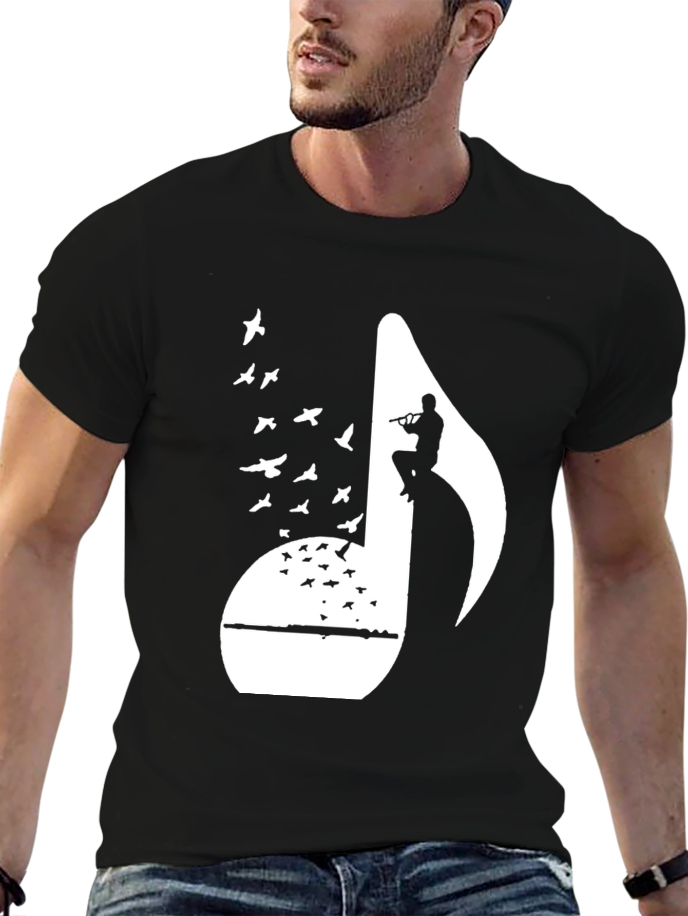 Black Musical Note Flute Player Graphic Tee - Black Cotton T-Shirt view 6