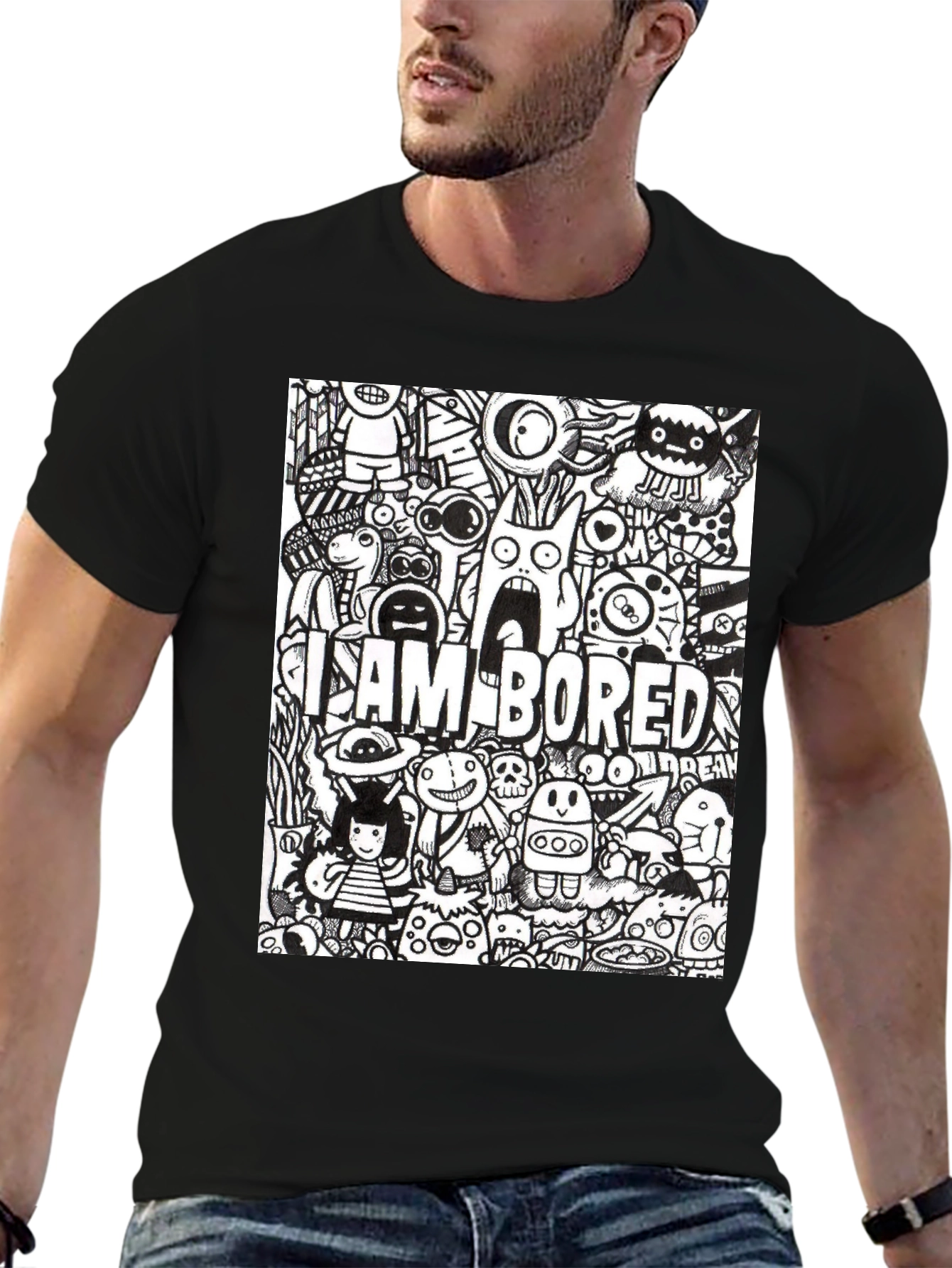 Black I Am Bored Doodle Art Graphic Tee view 6