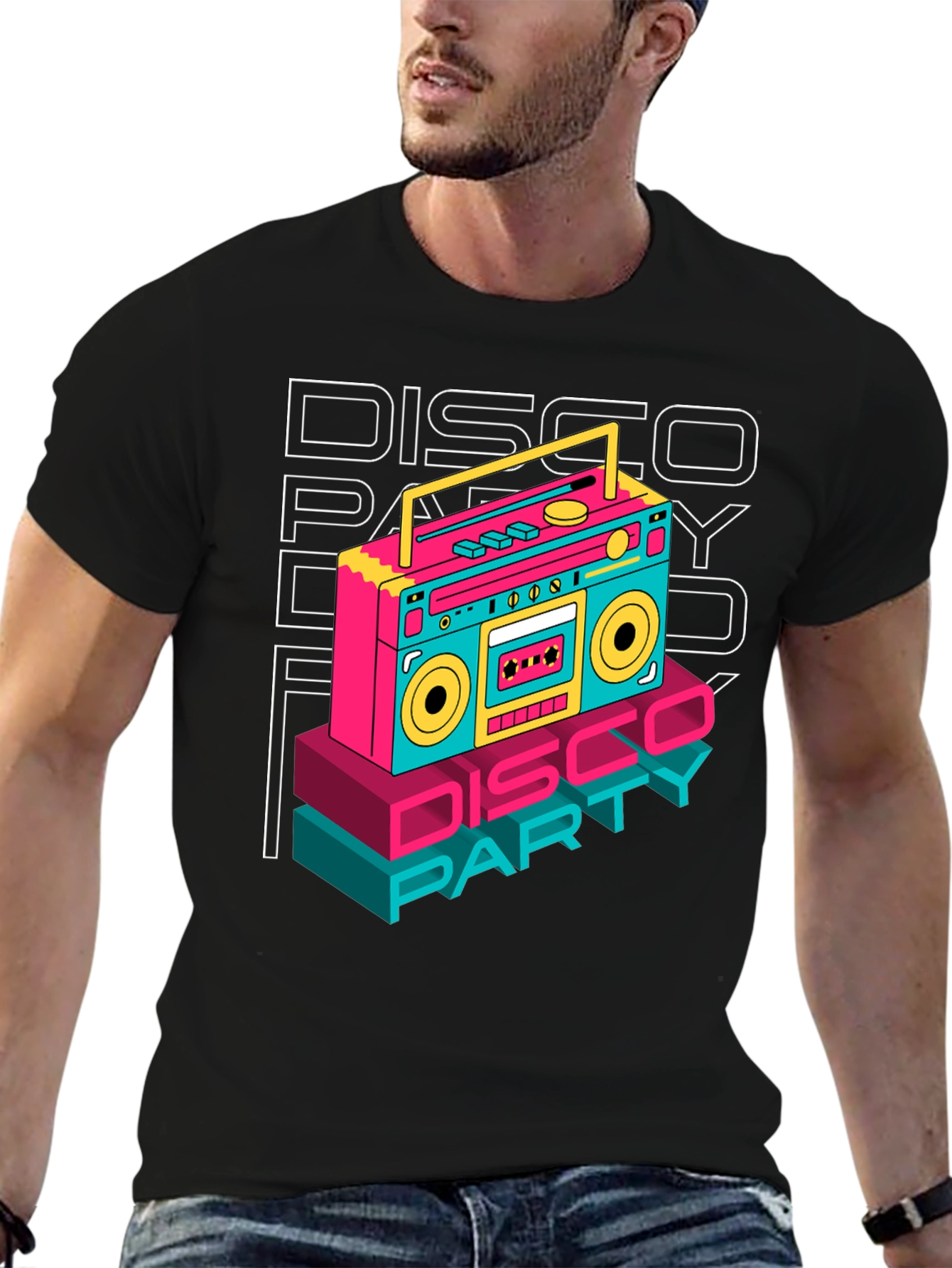 Black Retro Disco Party T-Shirt - Boombox Graphic view 6