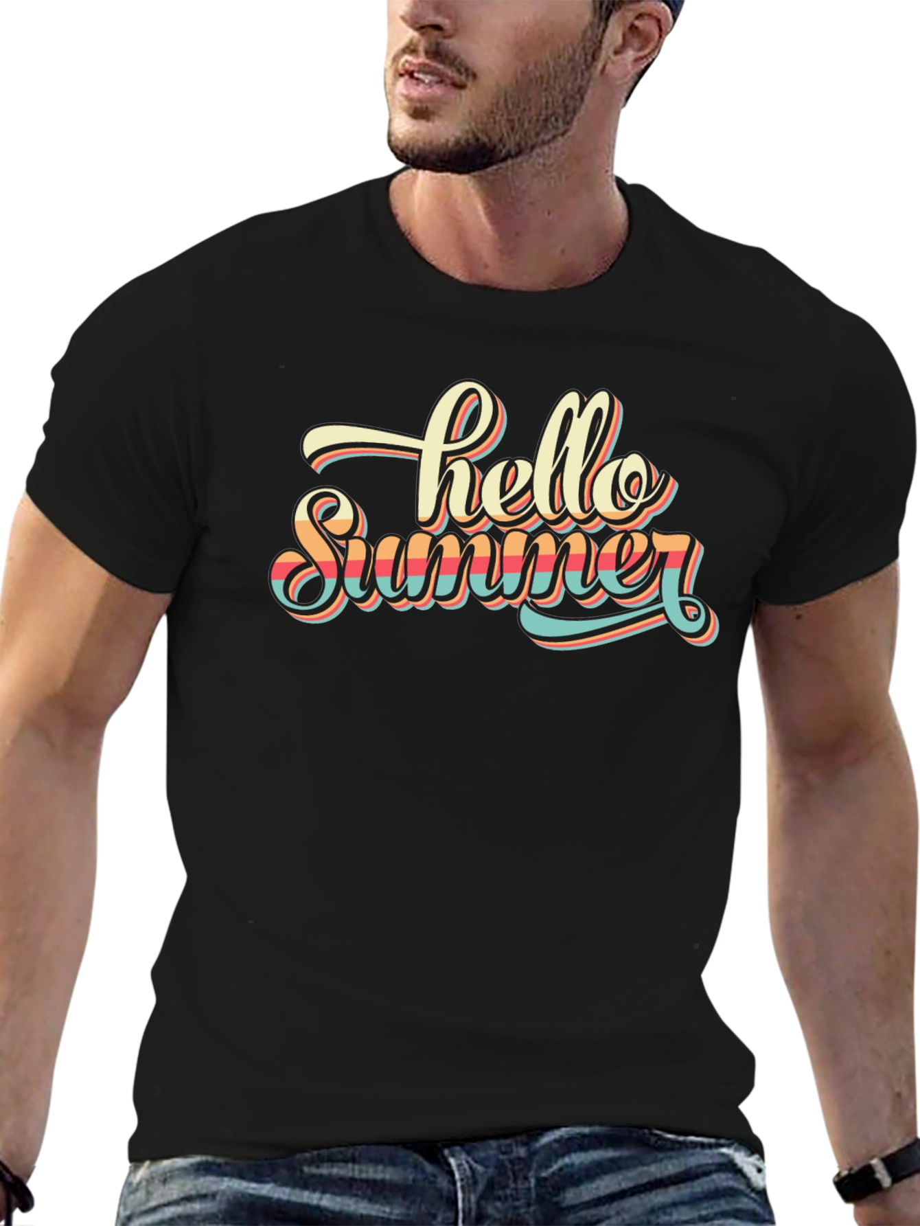 Black Hello Summer Graphic T-Shirt - Retro Style Black Tee view 6