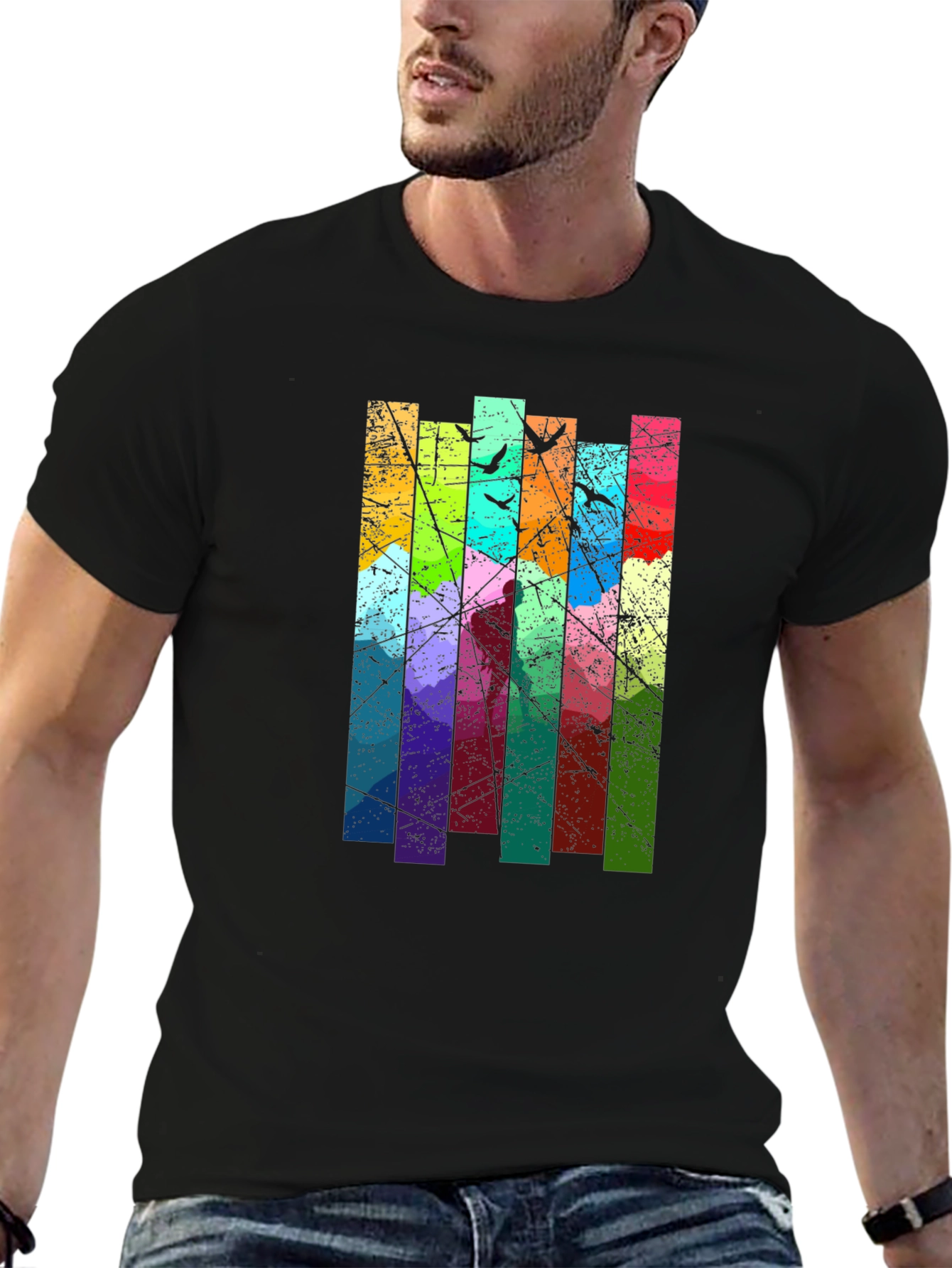 Black Abstract Art Birds on a Wire Graphic T-Shirt view 6