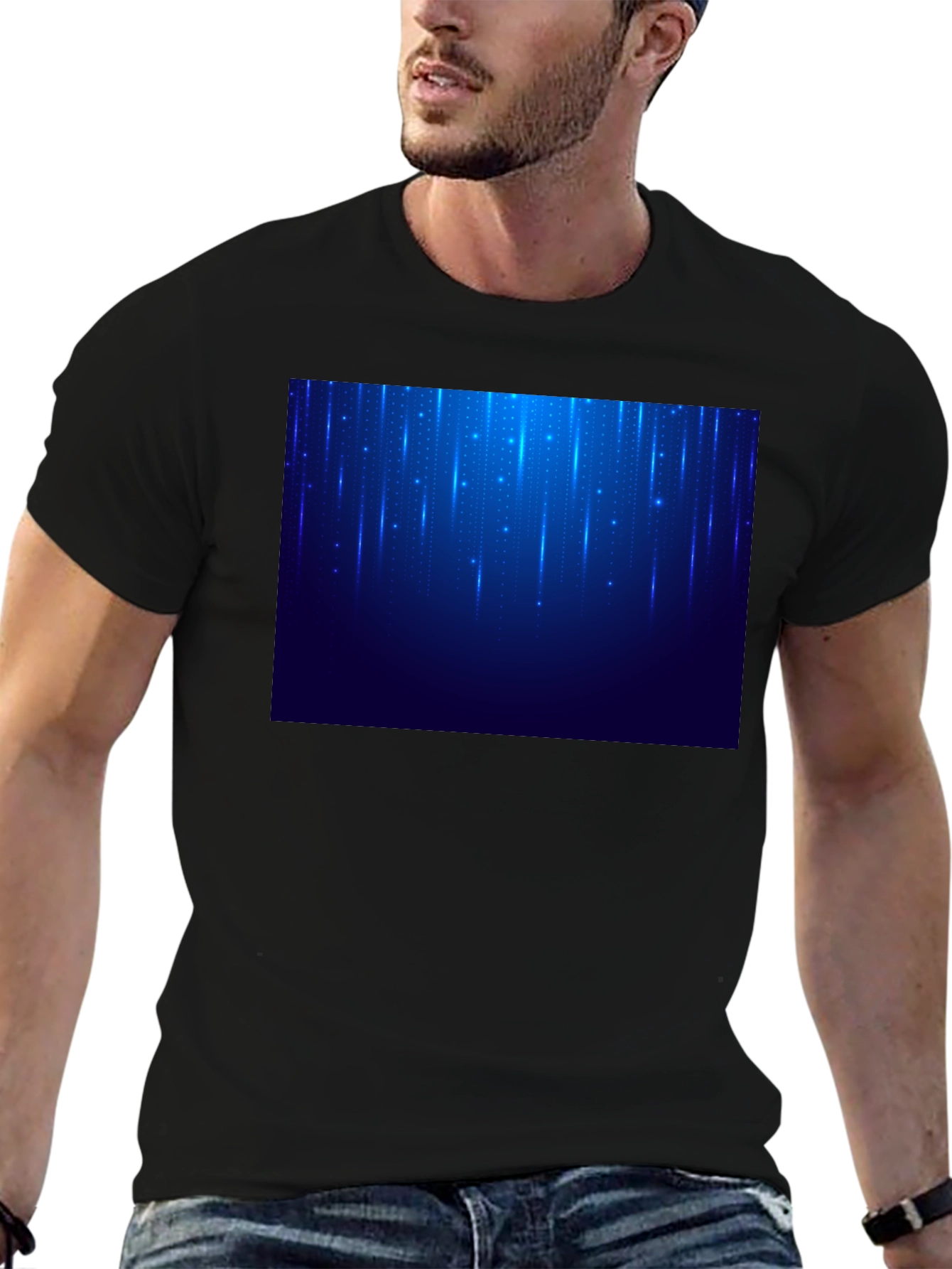 Black Men's Black T-Shirt with Blue Light Design view 6