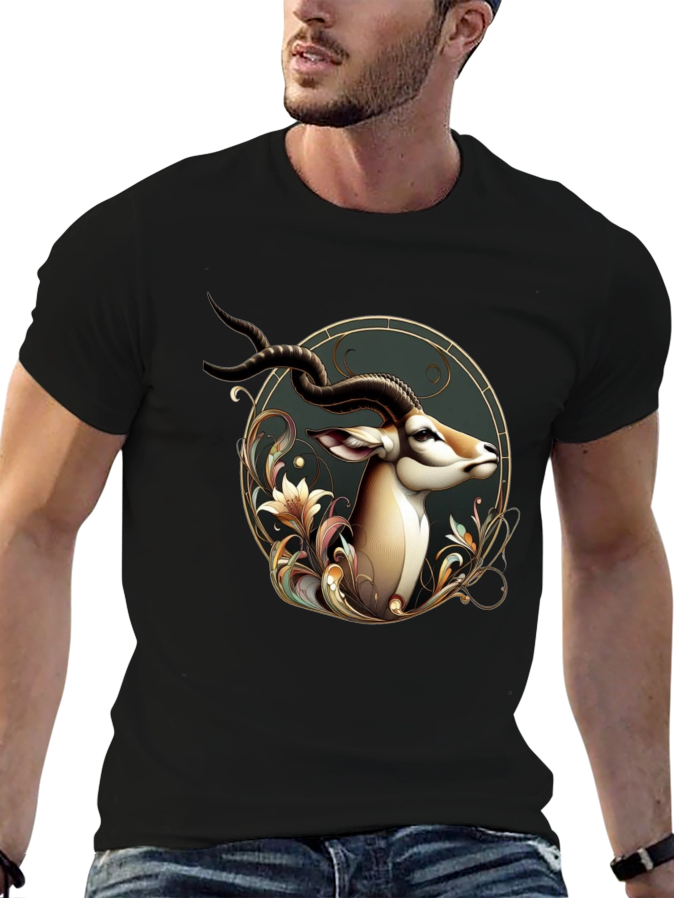 Black Elegant Antelope Graphic Tee - Men's Black T-Shirt view 6