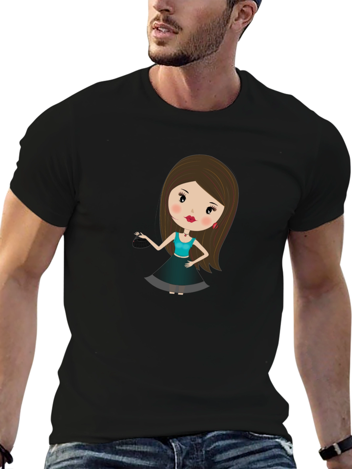 Black Cute Cartoon Girl Print Black T-Shirt view 6