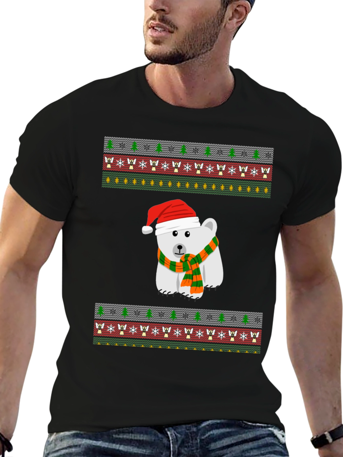 Black Festive Polar Bear Holiday T-Shirt view 6