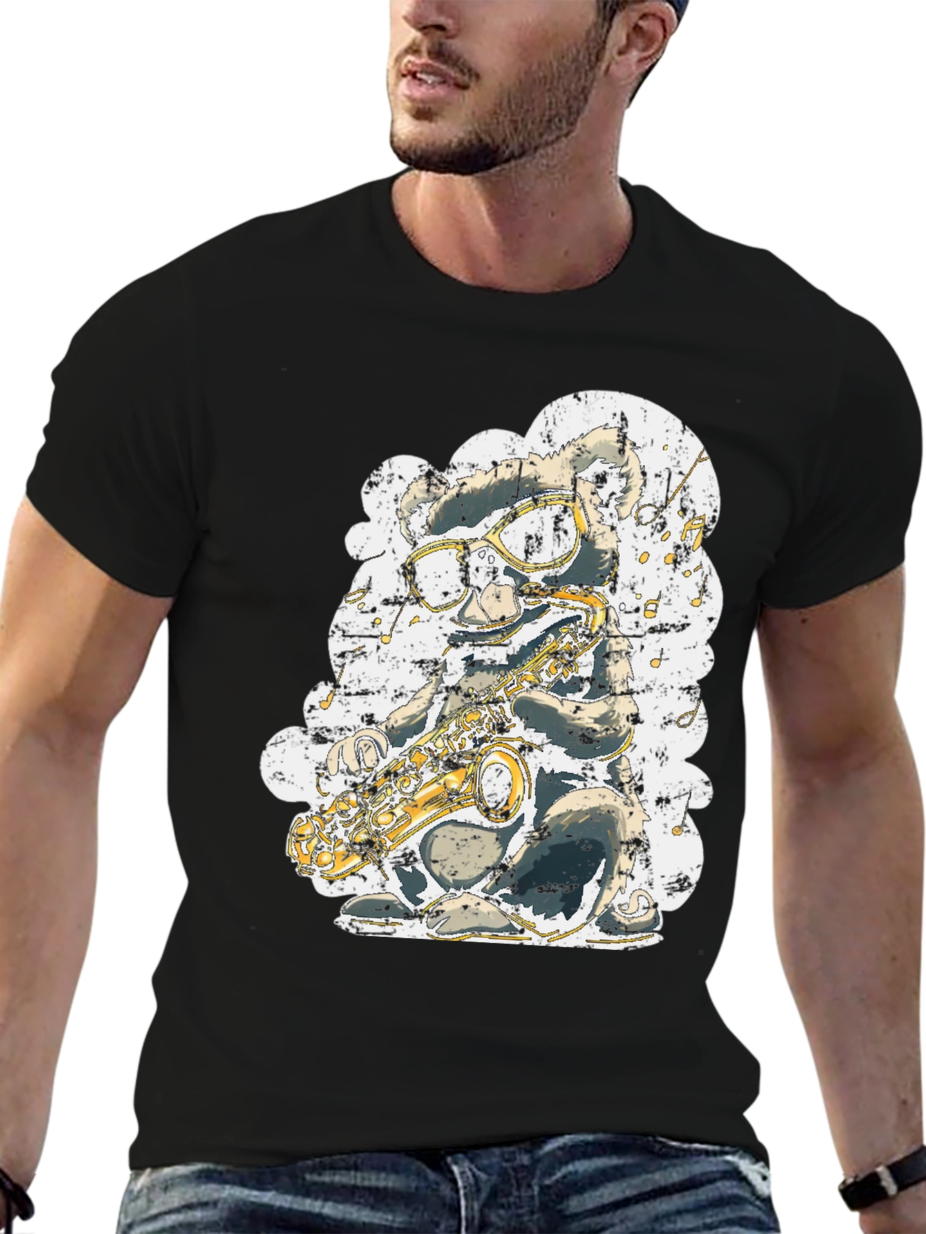 Black Cool Cartoon Mouse Saxophone Player Graphic T-Shirt view 6