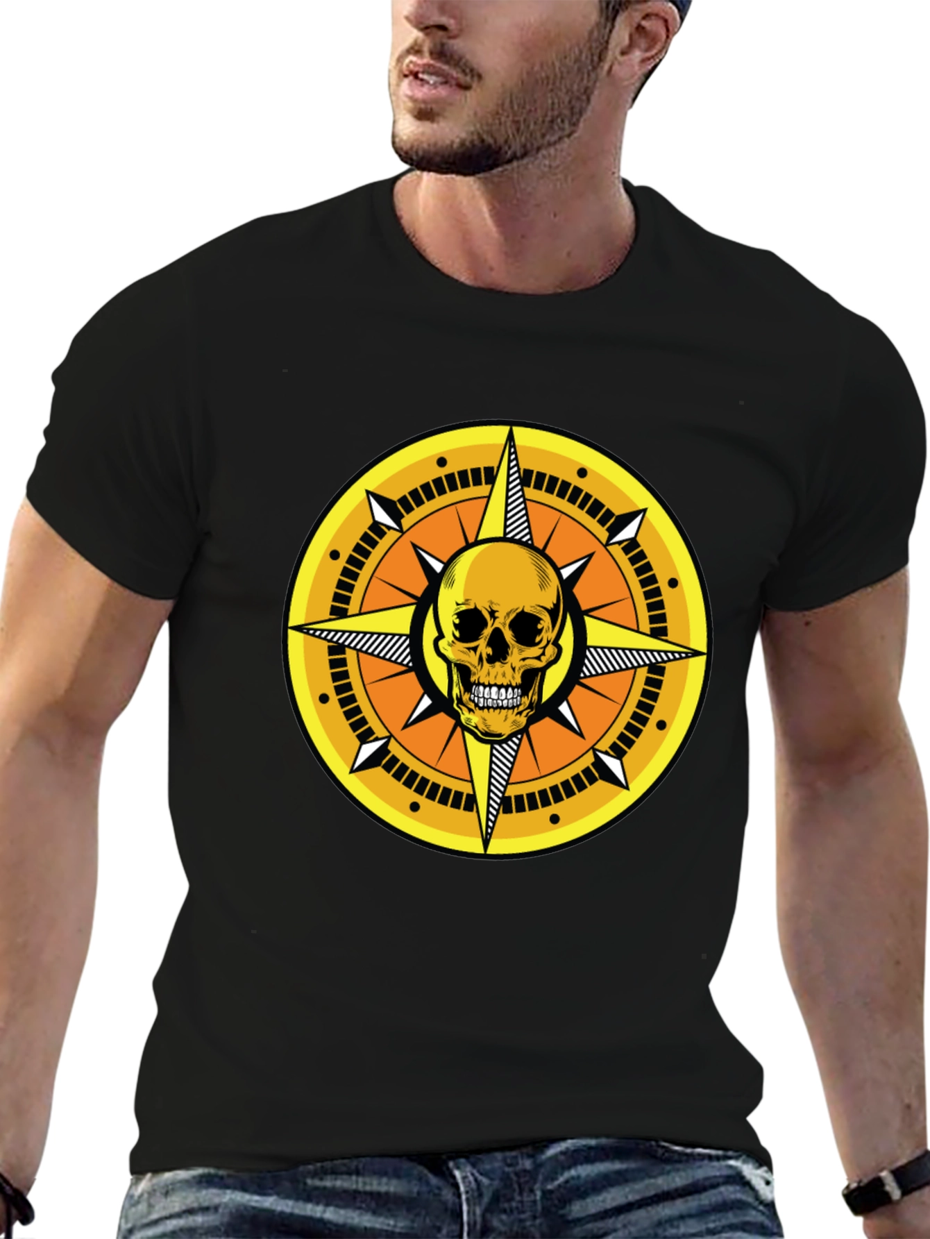 Black Skull Compass Graphic Tee - Black Cotton Shirt view 6