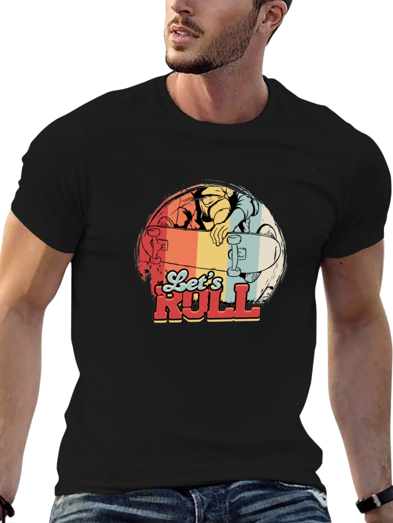 Black Let's Roll Skateboard Graphic T-Shirt view 6