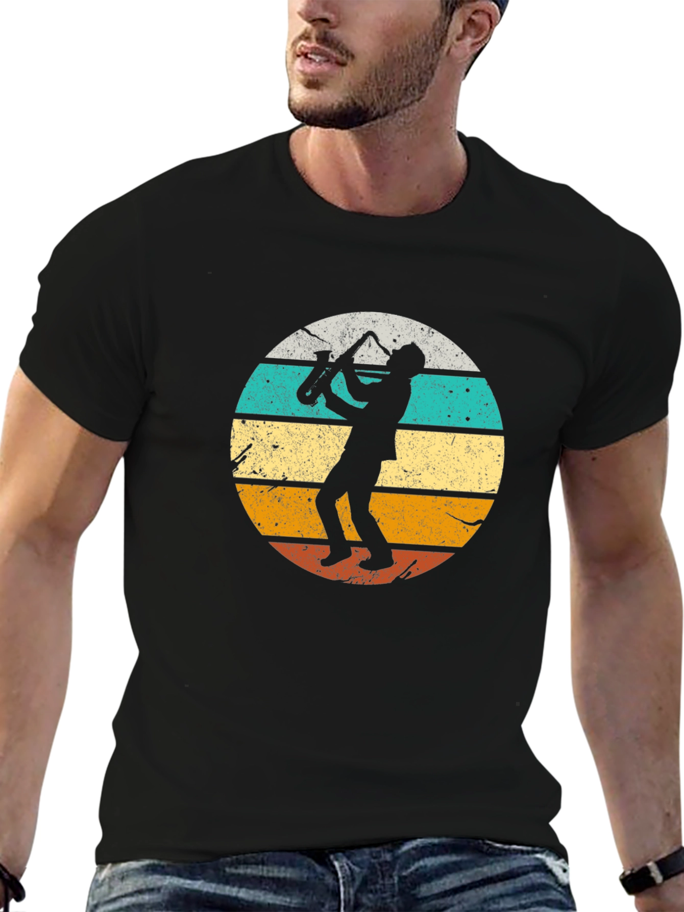 Black Retro Saxophone Player Black T-Shirt view 6