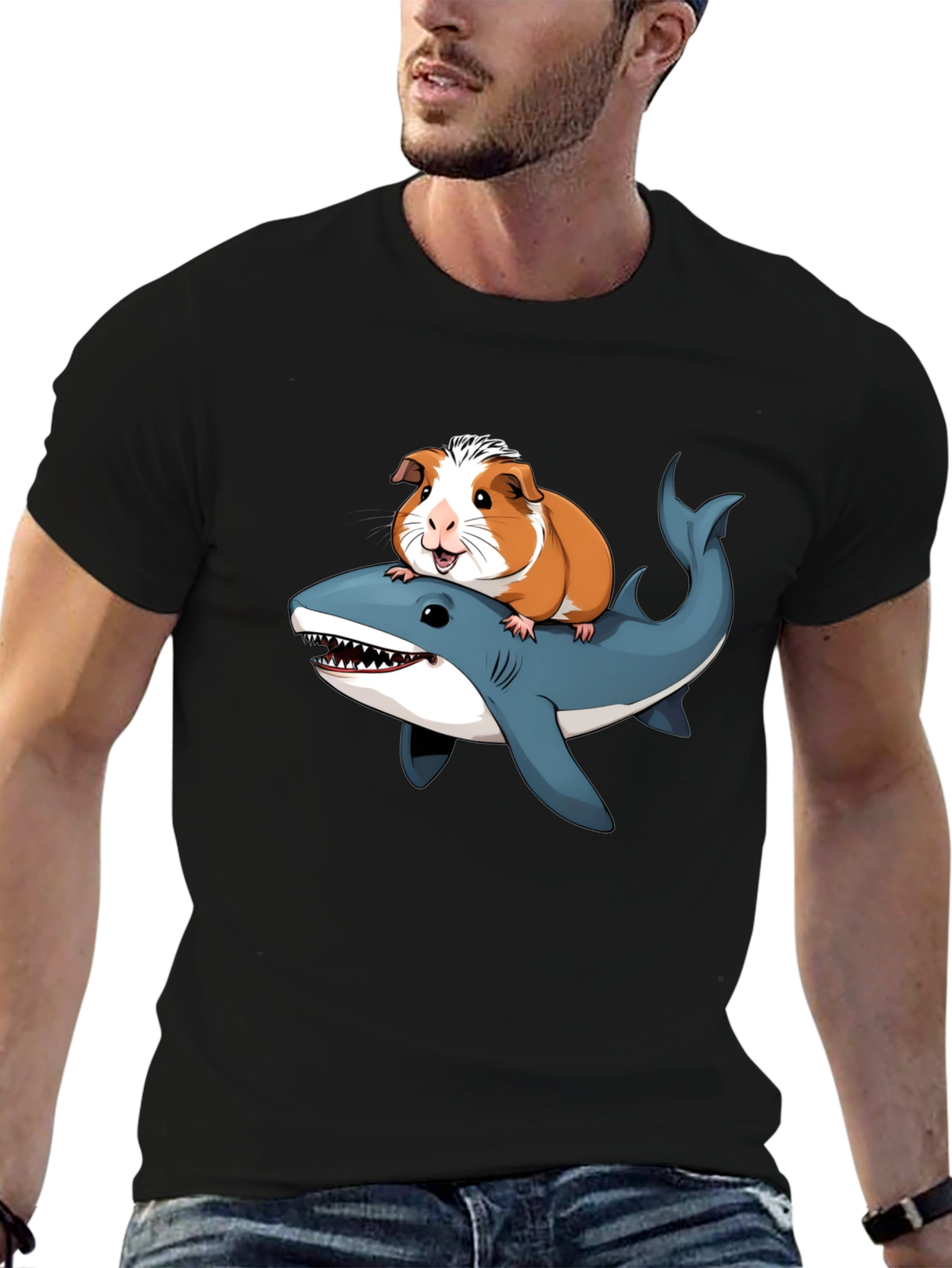 Black Guinea Pig Riding Shark Funny T-Shirt view 6