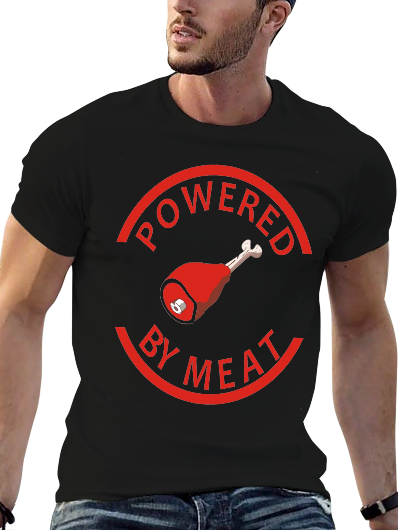 Black Powered By Meat T-Shirt - Novelty Graphic Tee view 6