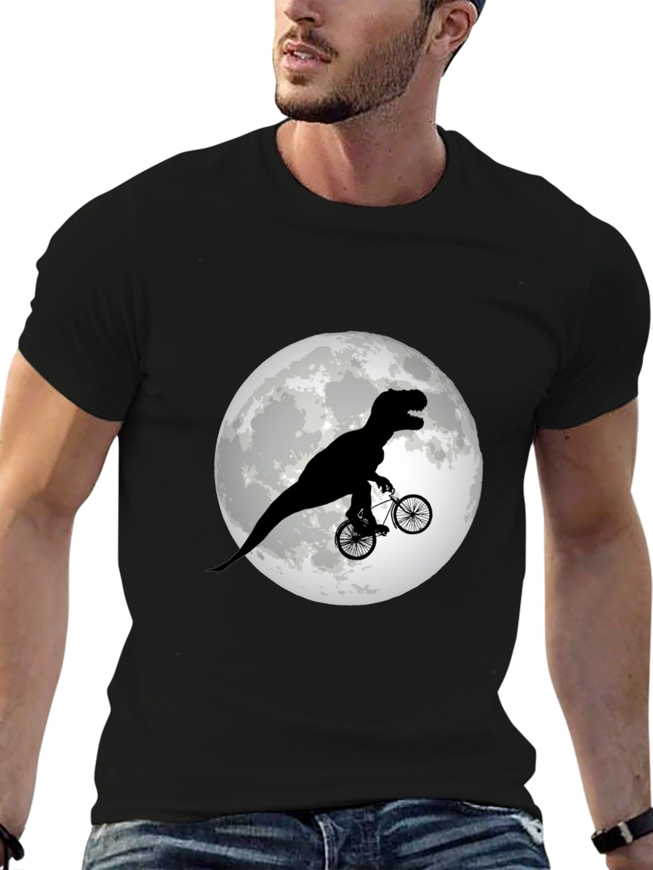 Black Dino Biker T-Shirt - Funny T-Rex Riding Bicycle Moon Tee view 6