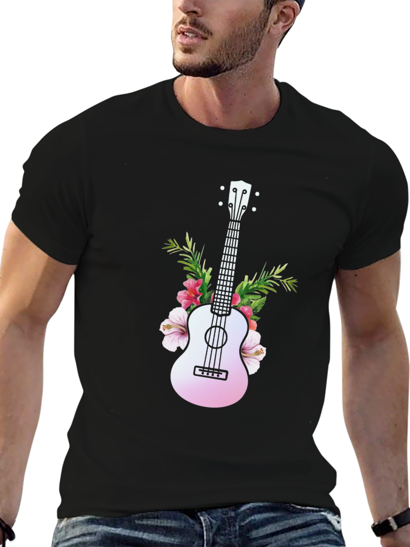 Black Tropical Ukulele Graphic Tee - Black Cotton T-Shirt view 6