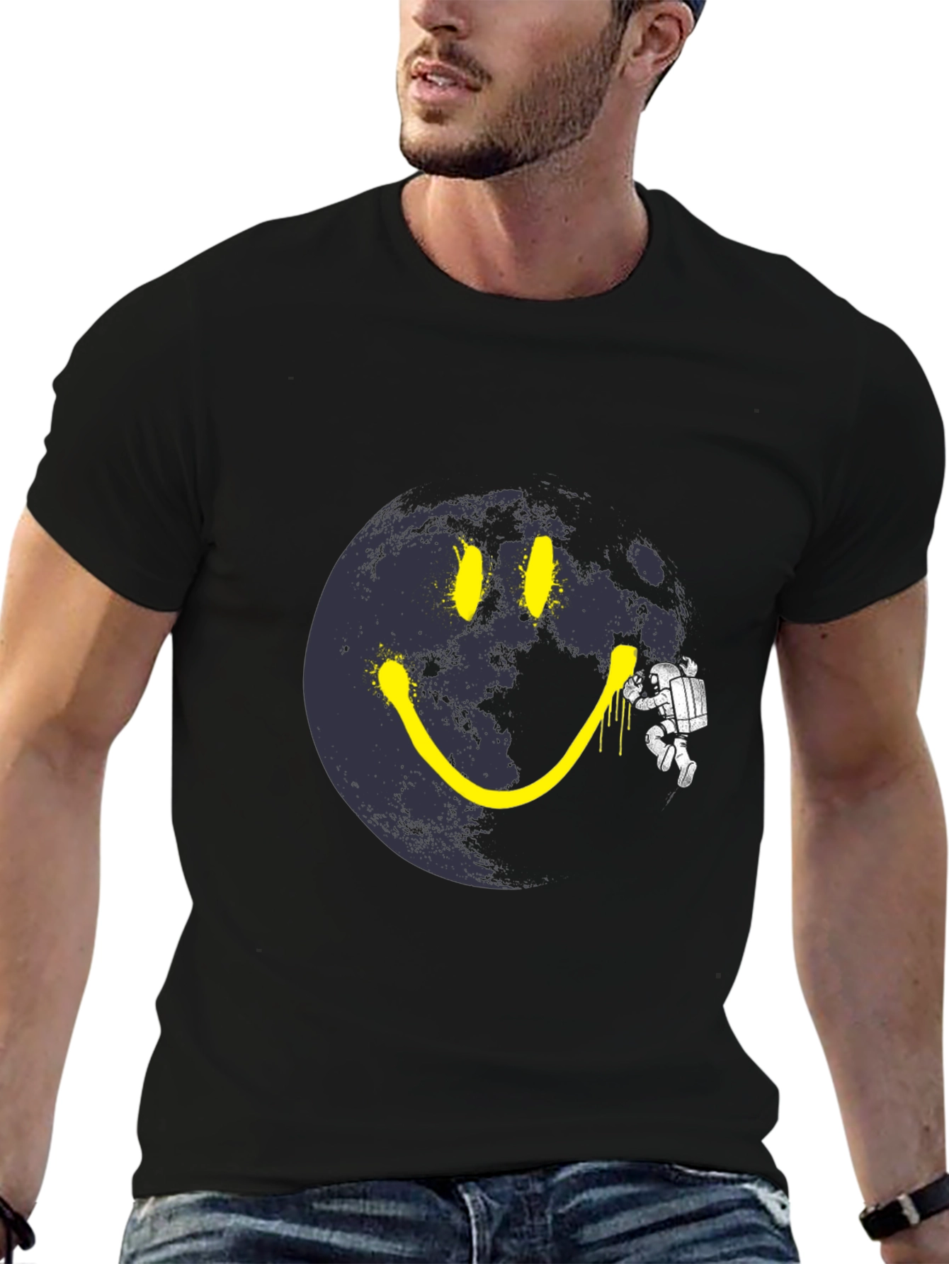 Black Astronaut Moon Smile T-Shirt - Black Cotton Graphic Tee view 6