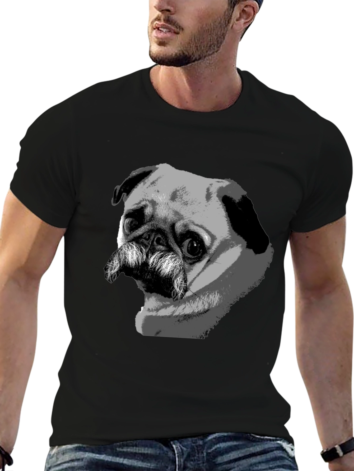 Black Pug Mustache Graphic Black T-Shirt view 6