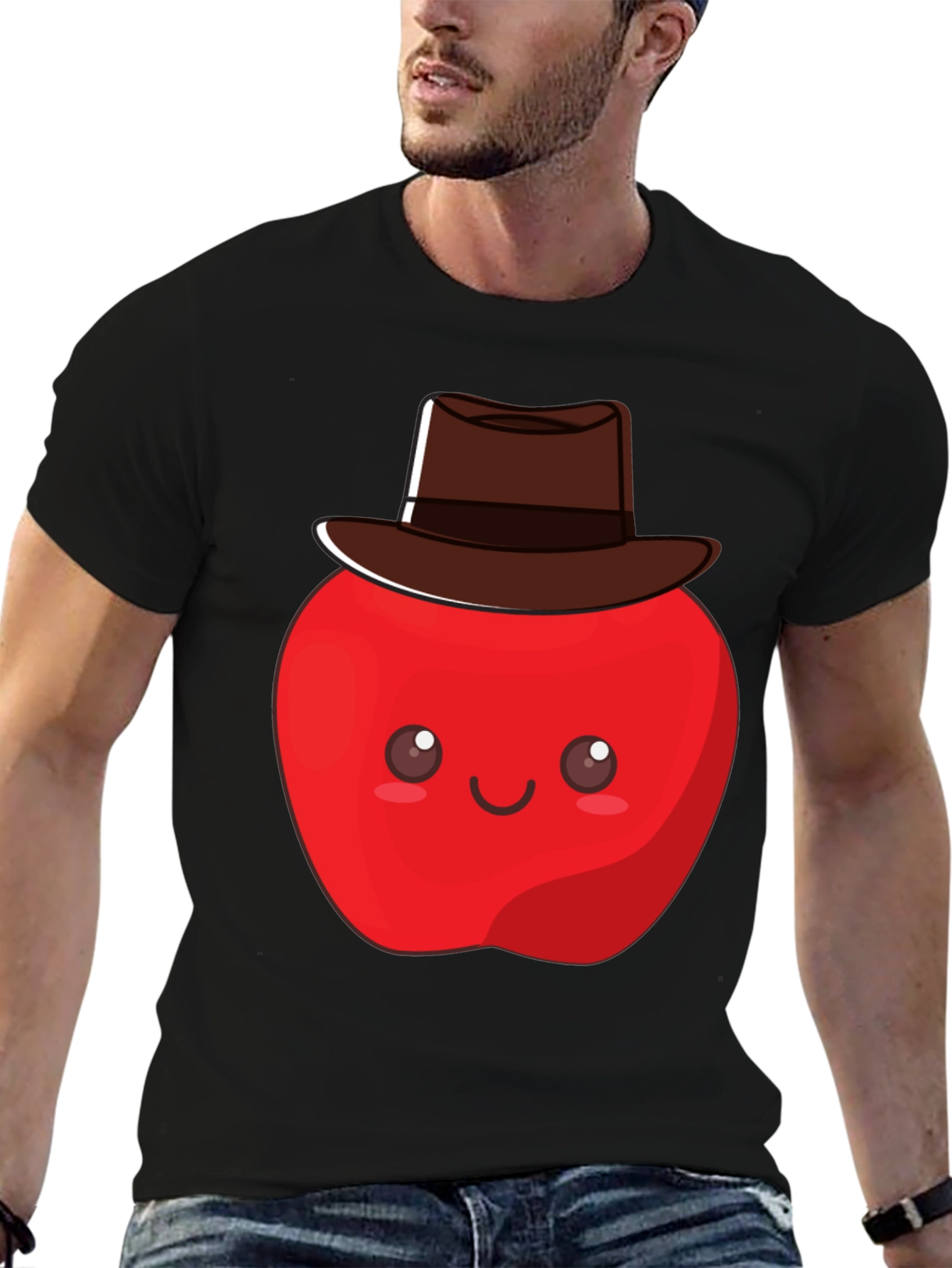 Black Cute Apple Cowboy T-Shirt - Unisex Graphic Tee view 6