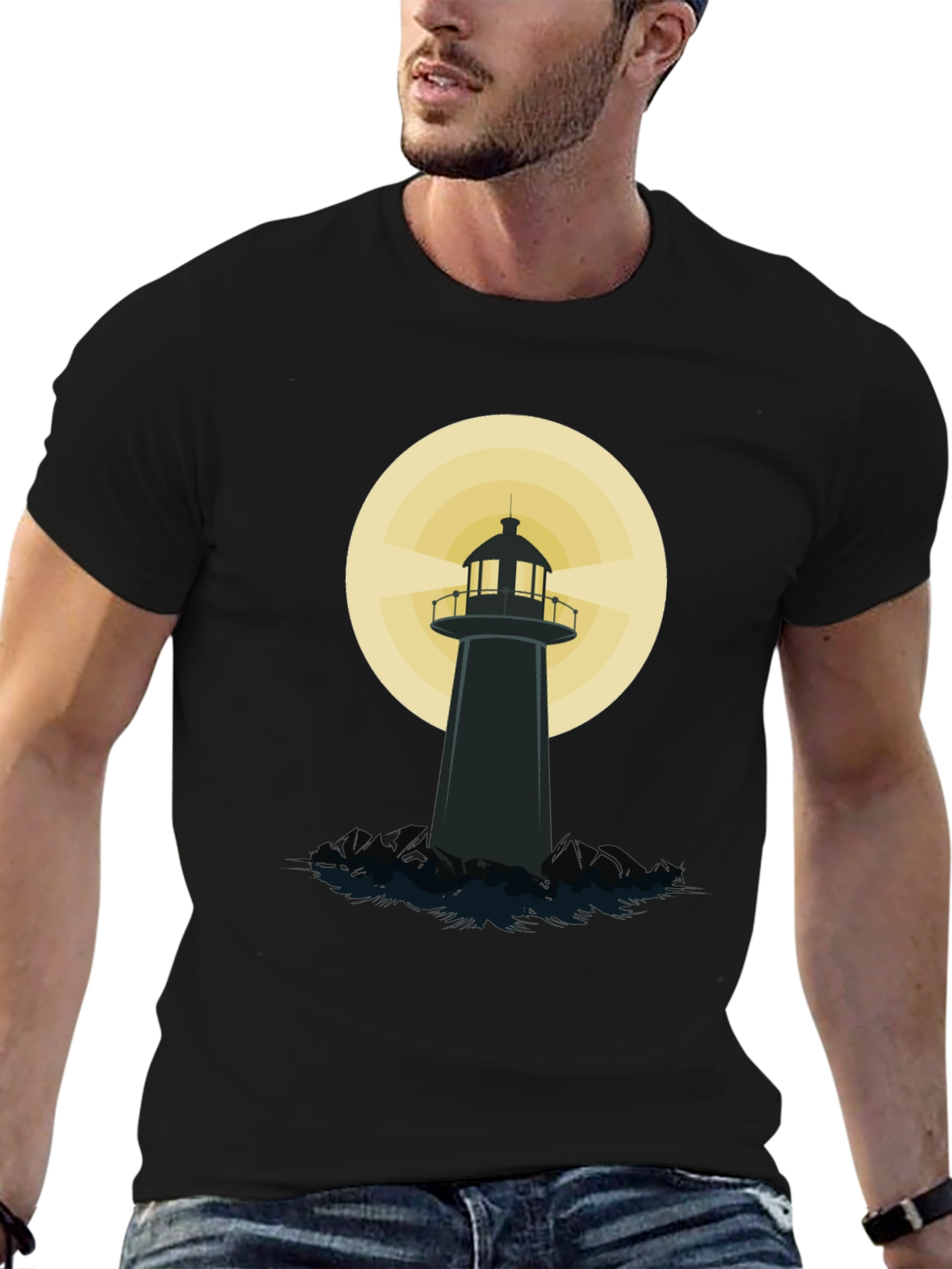 Black Lighthouse Graphic T-Shirt - Black Cotton Blend view 6