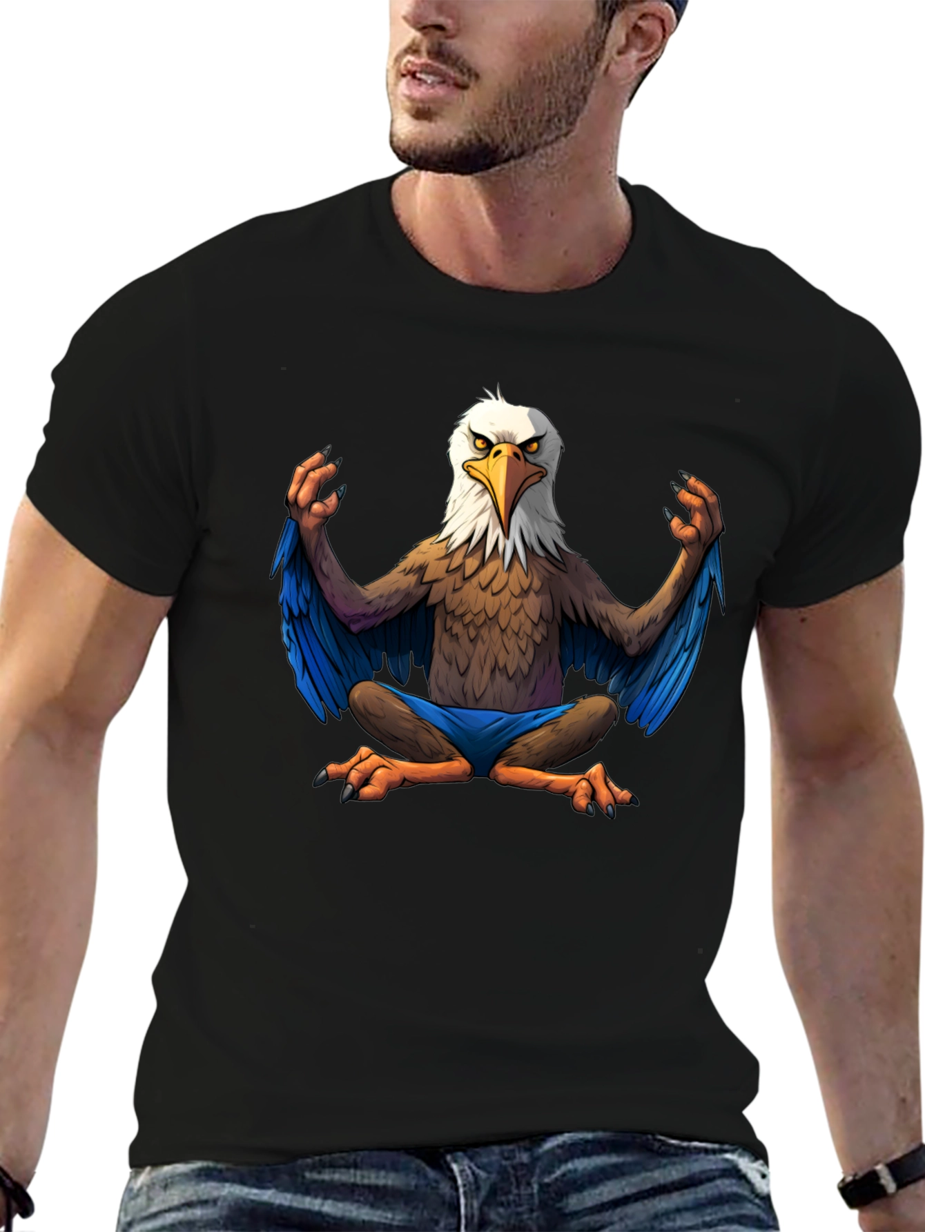 Black Meditating Eagle Cartoon T-Shirt view 6