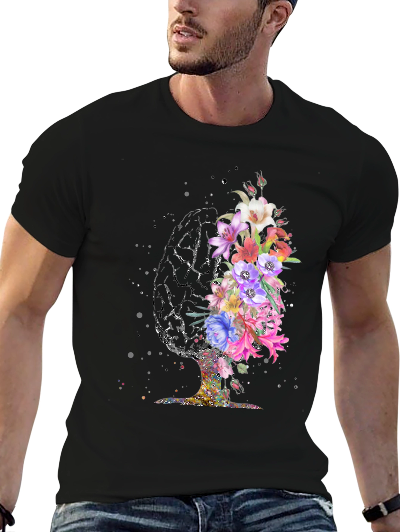 Black Floral Brain Graphic T-Shirt view 6