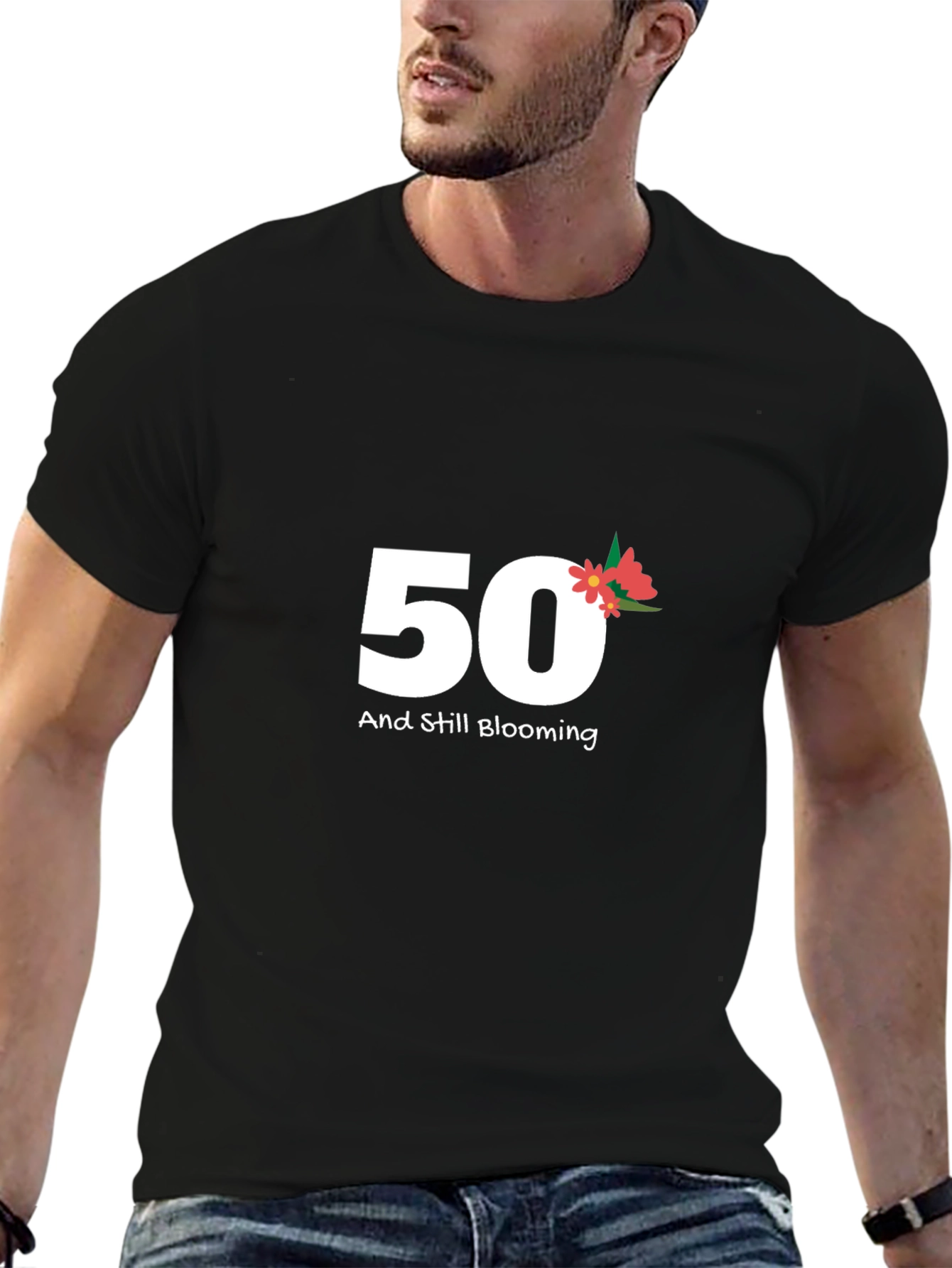 Black 50th Birthday Blooming Black Tee view 6