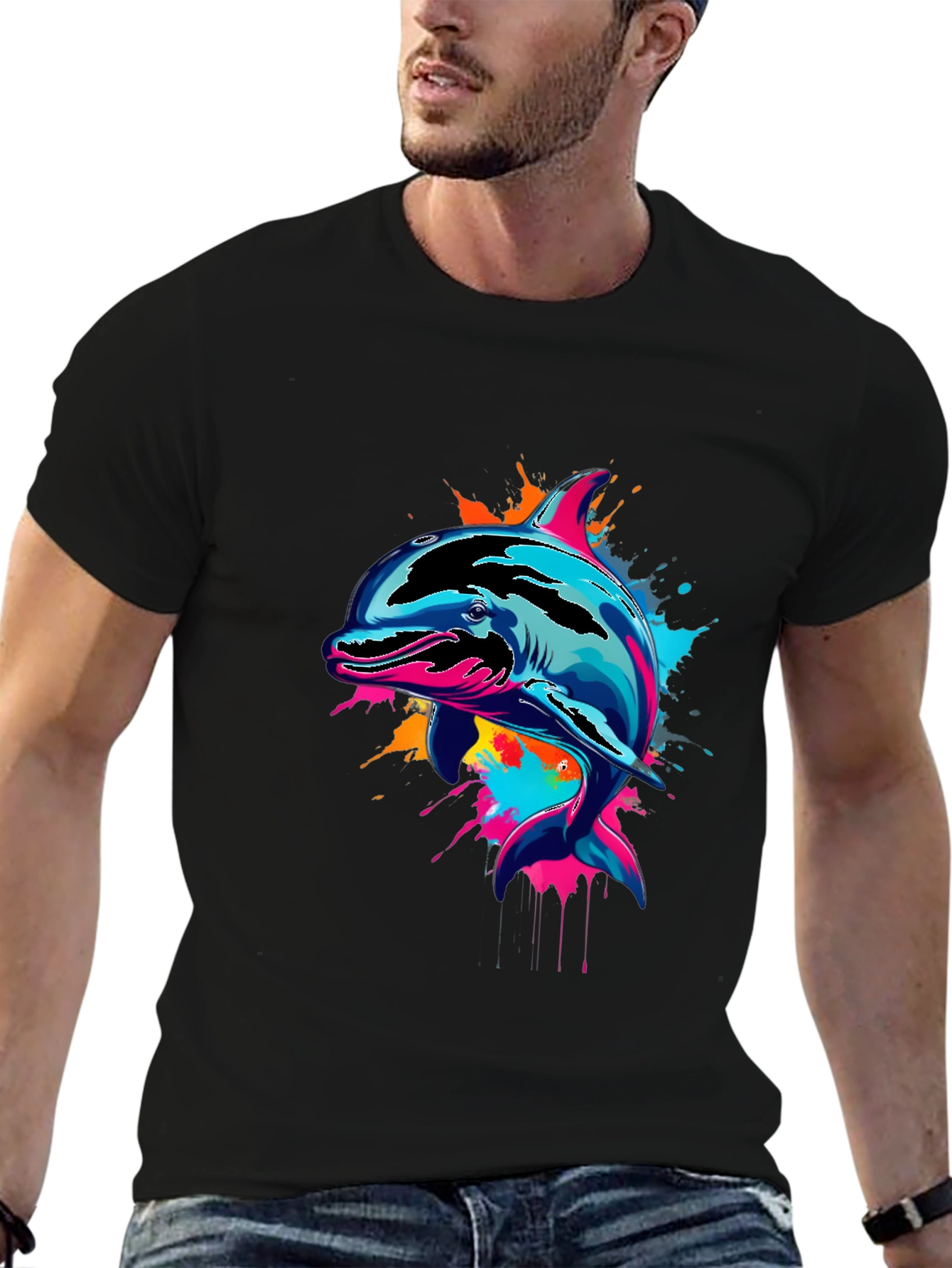 Black Vibrant Dolphin Graphic Tee - Men's Black T-Shirt view 6