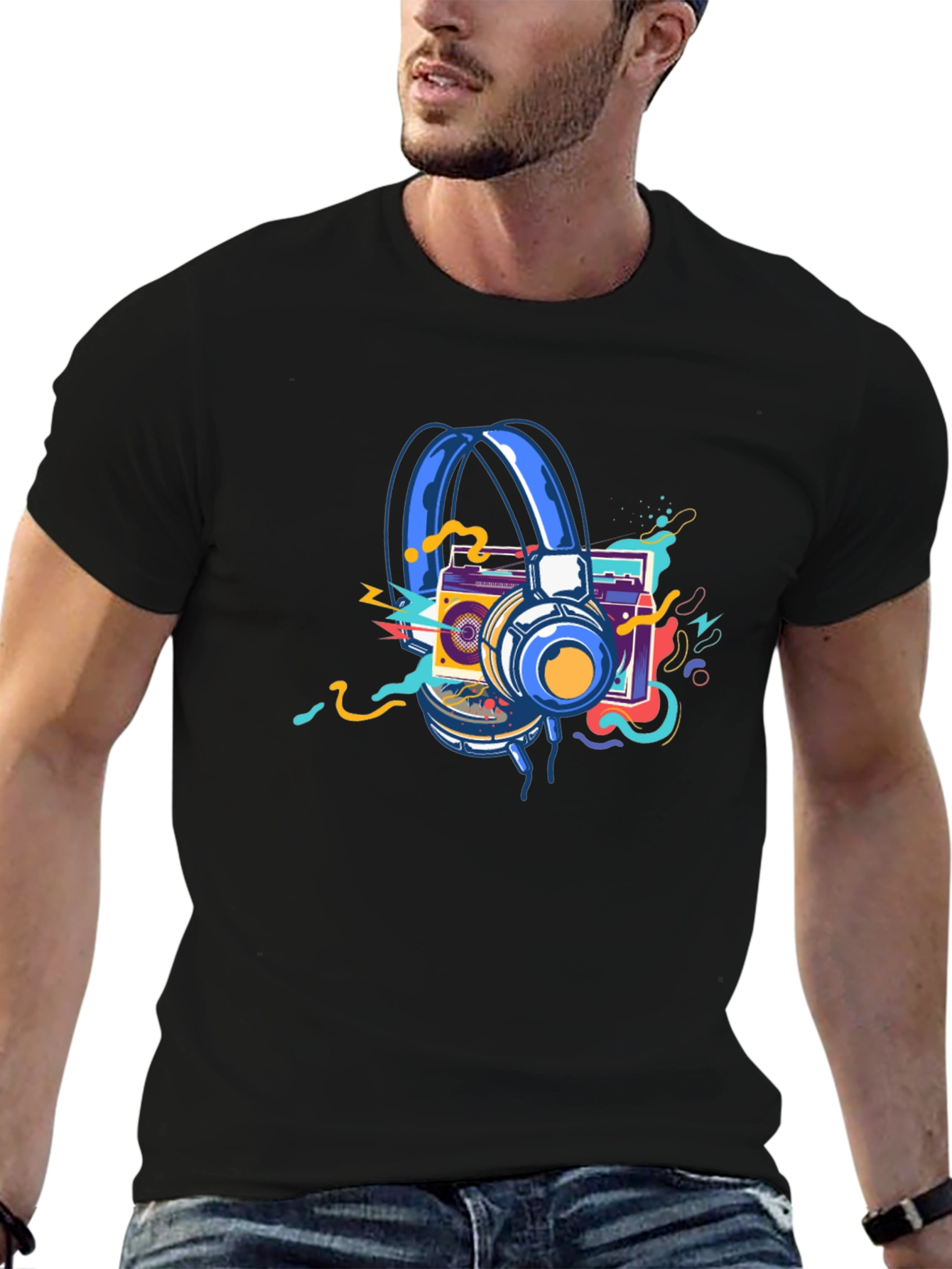 Black Retro Music Graphic T-Shirt: Headphones & Boombox view 6