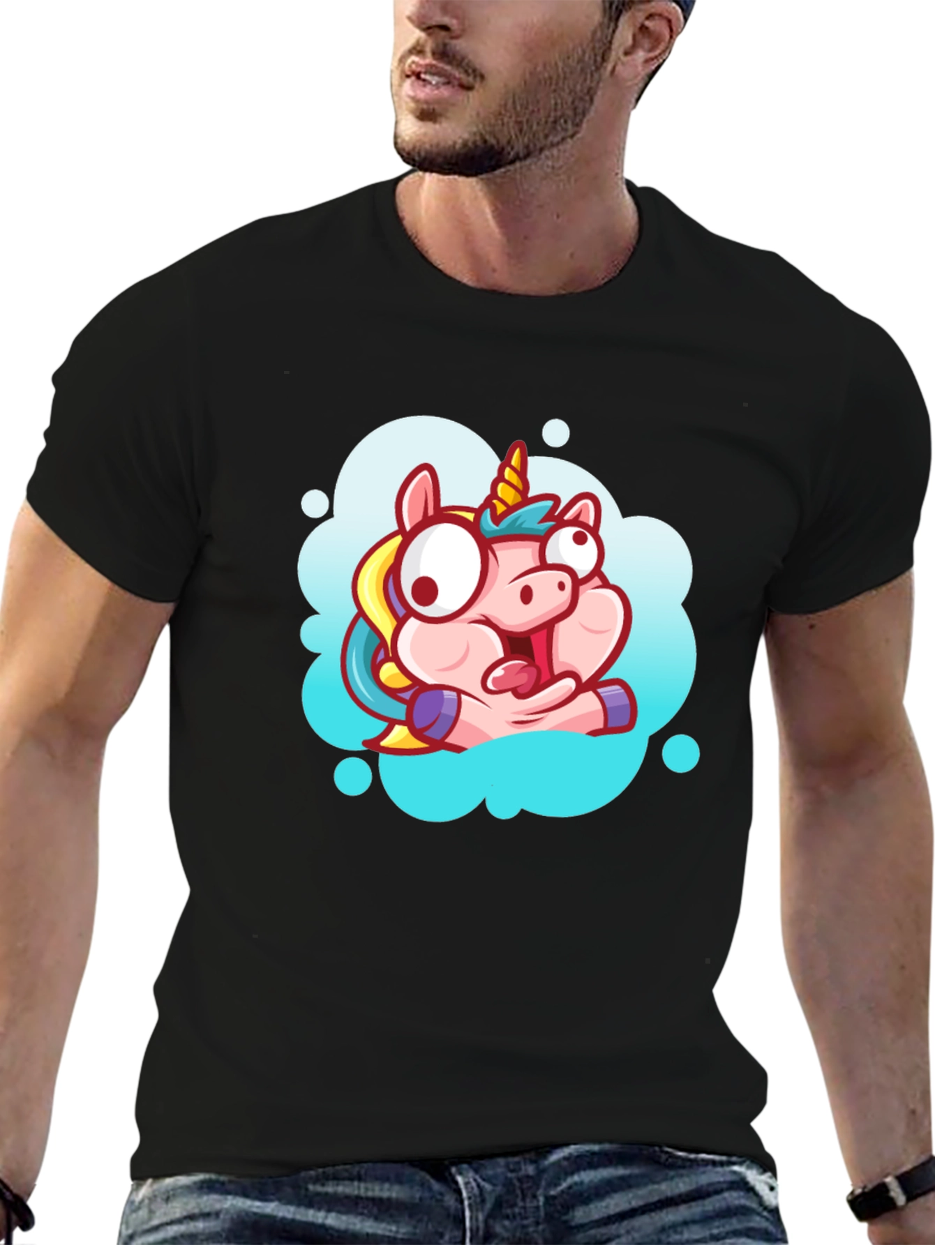 Black Unicorn Cartoon Graphic Black T-Shirt view 6