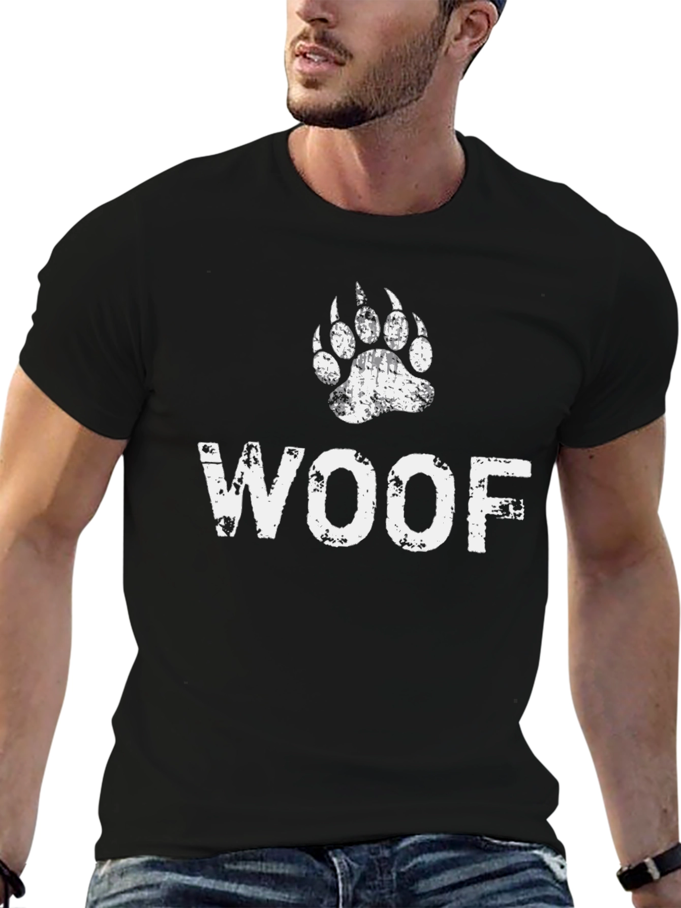 Black Woof Paw Print Graphic Tee - Black Cotton Casual T-Shirt view 6