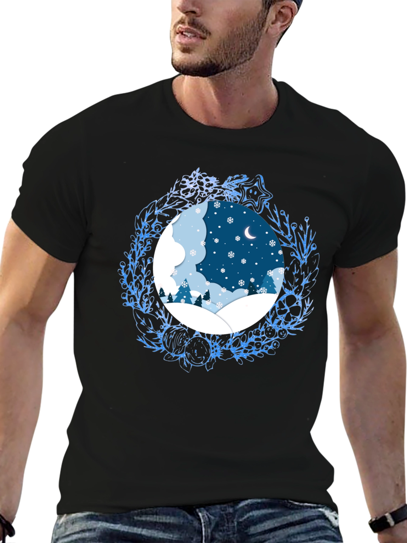 Black Winter Scene Graphic Tee - Festive Holiday Apparel view 6