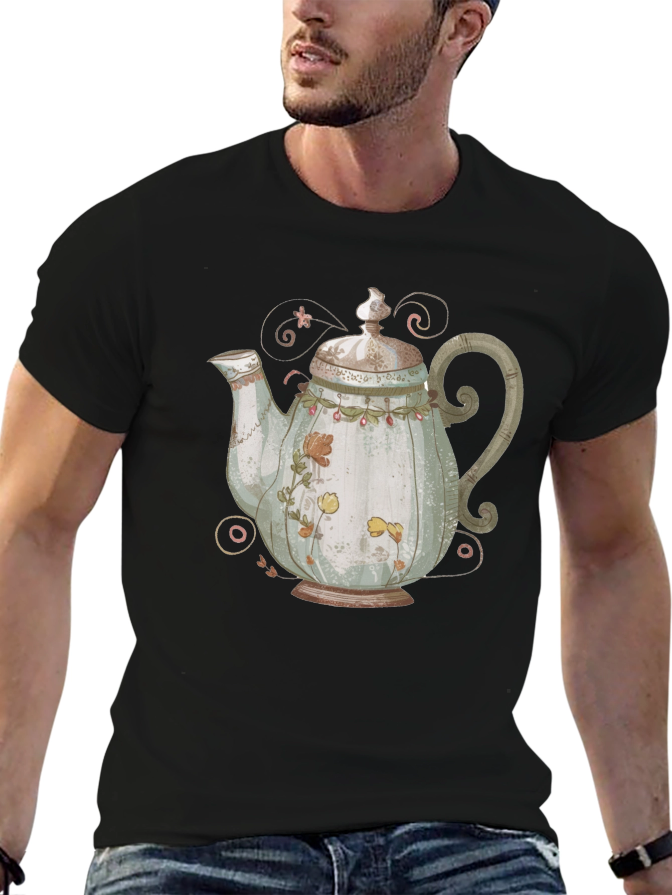 Black Vintage Teapot Graphic Tee - Quirky Style view 6