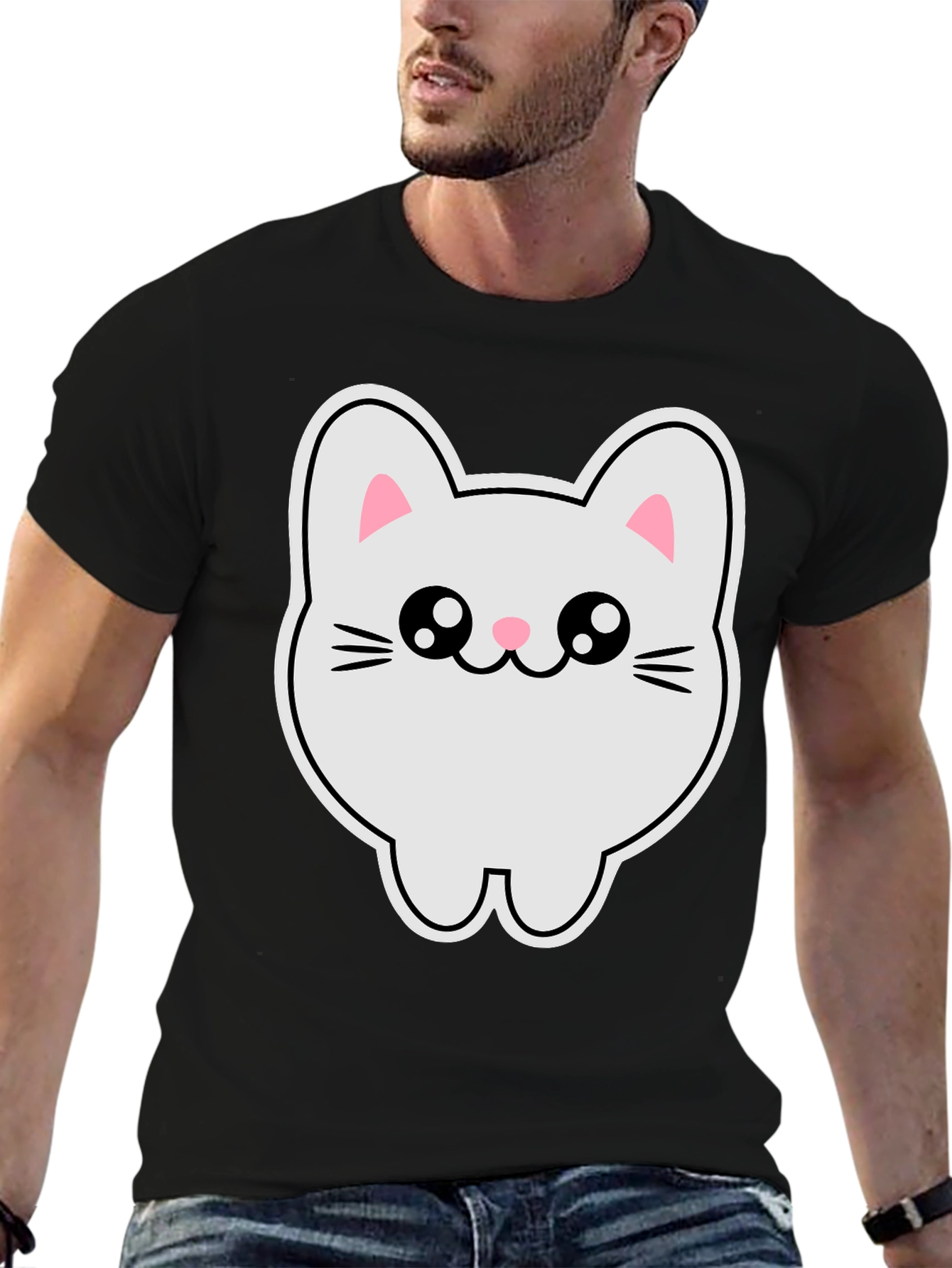 Black Cute Kawaii Cat T-Shirt - Black Cotton Tee view 6