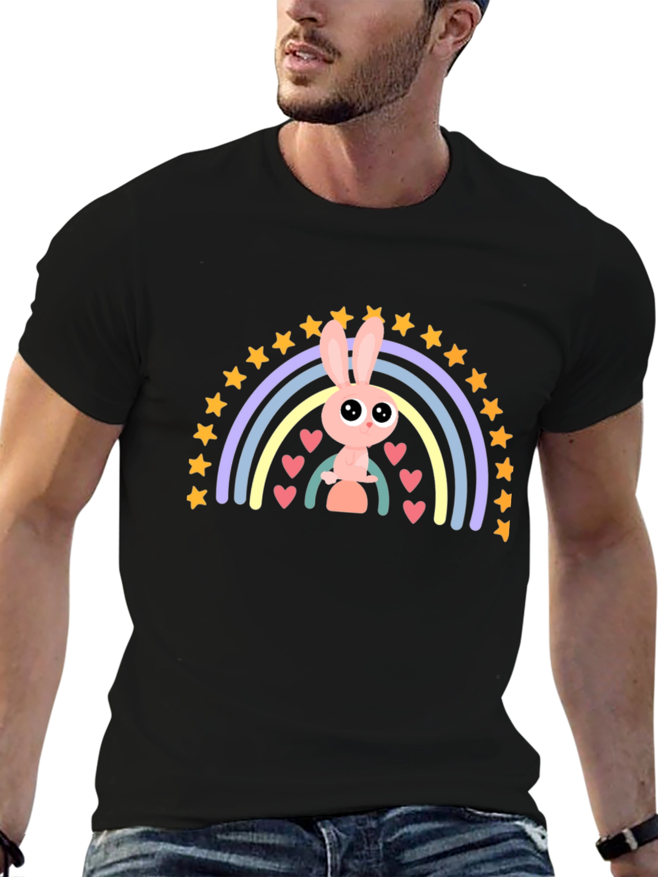 Black Cute Bunny Rainbow Graphic Tee - Soft Black Cotton T-Shirt view 6