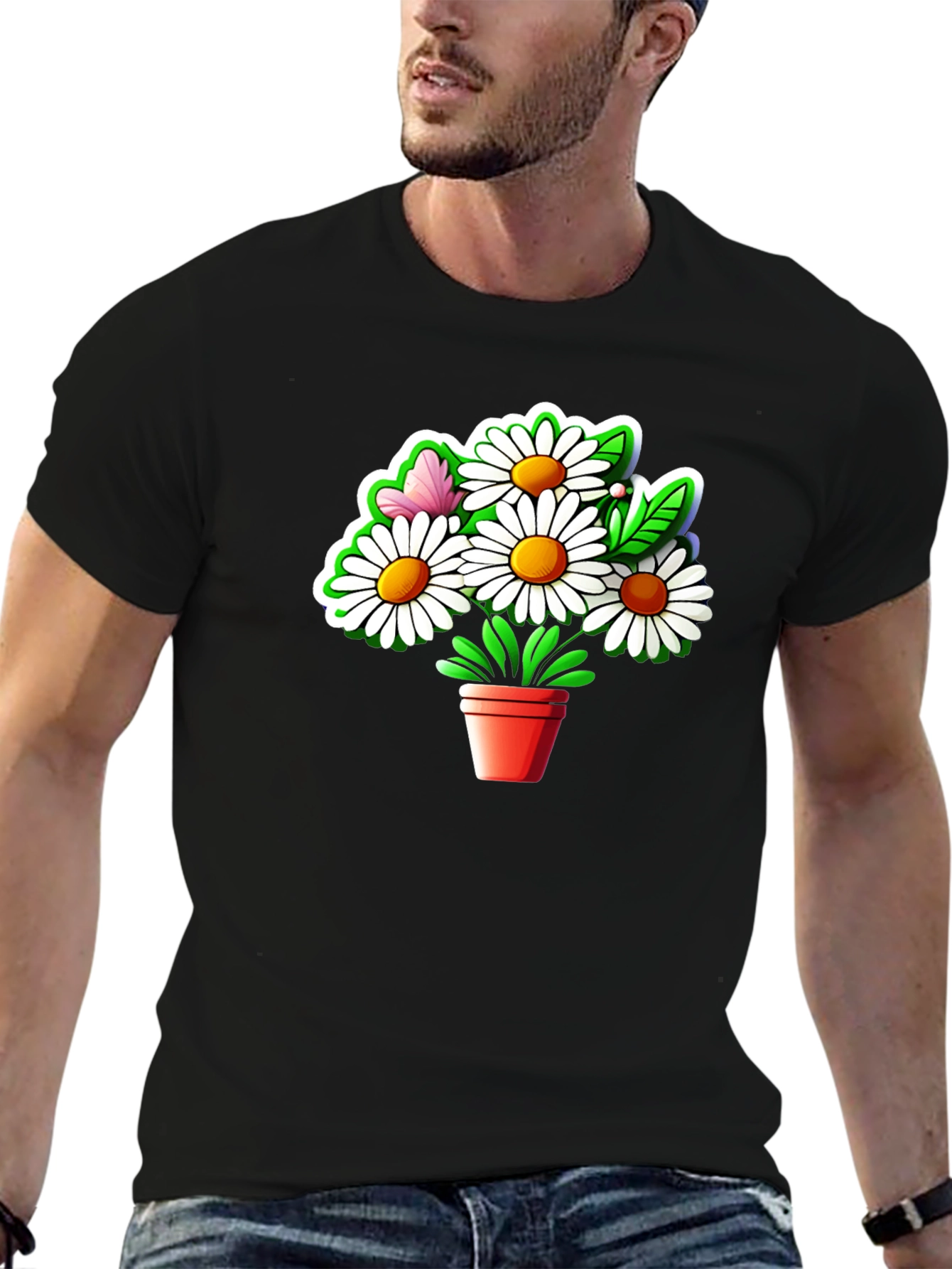 Black Daisy Flower Pot Graphic Tee - Black Cotton Casual T-Shirt view 6