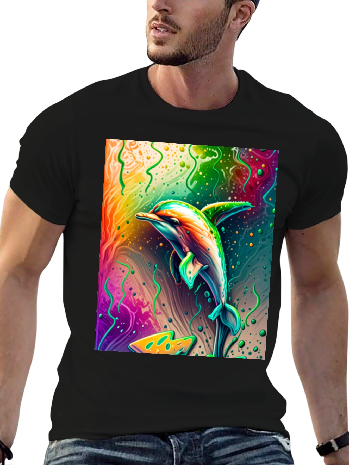 Black Vivid Dolphin Graphic T-Shirt - Black Cotton Tee view 6