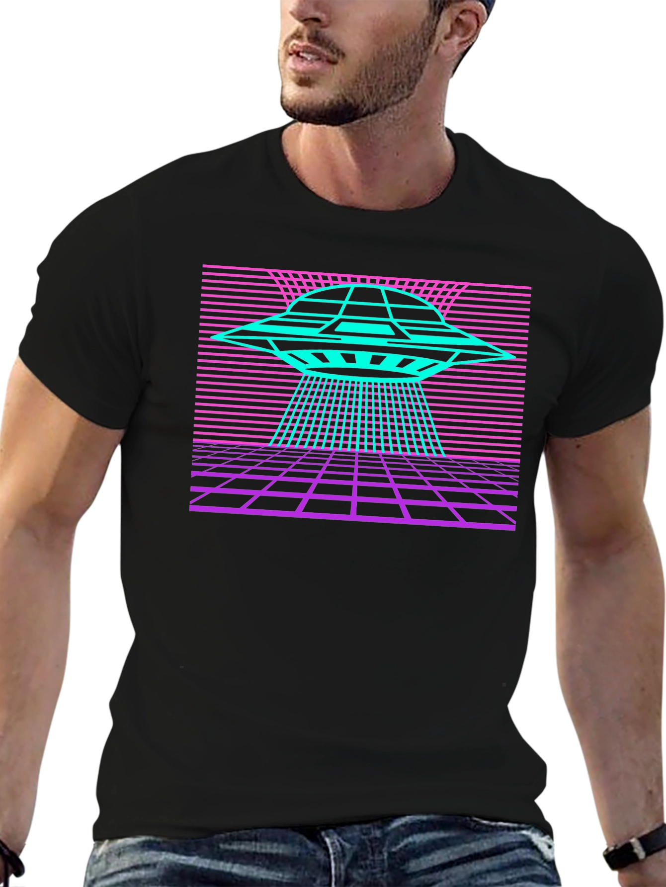 Black Retro UFO T-Shirt Synthwave Graphic Tee view 6
