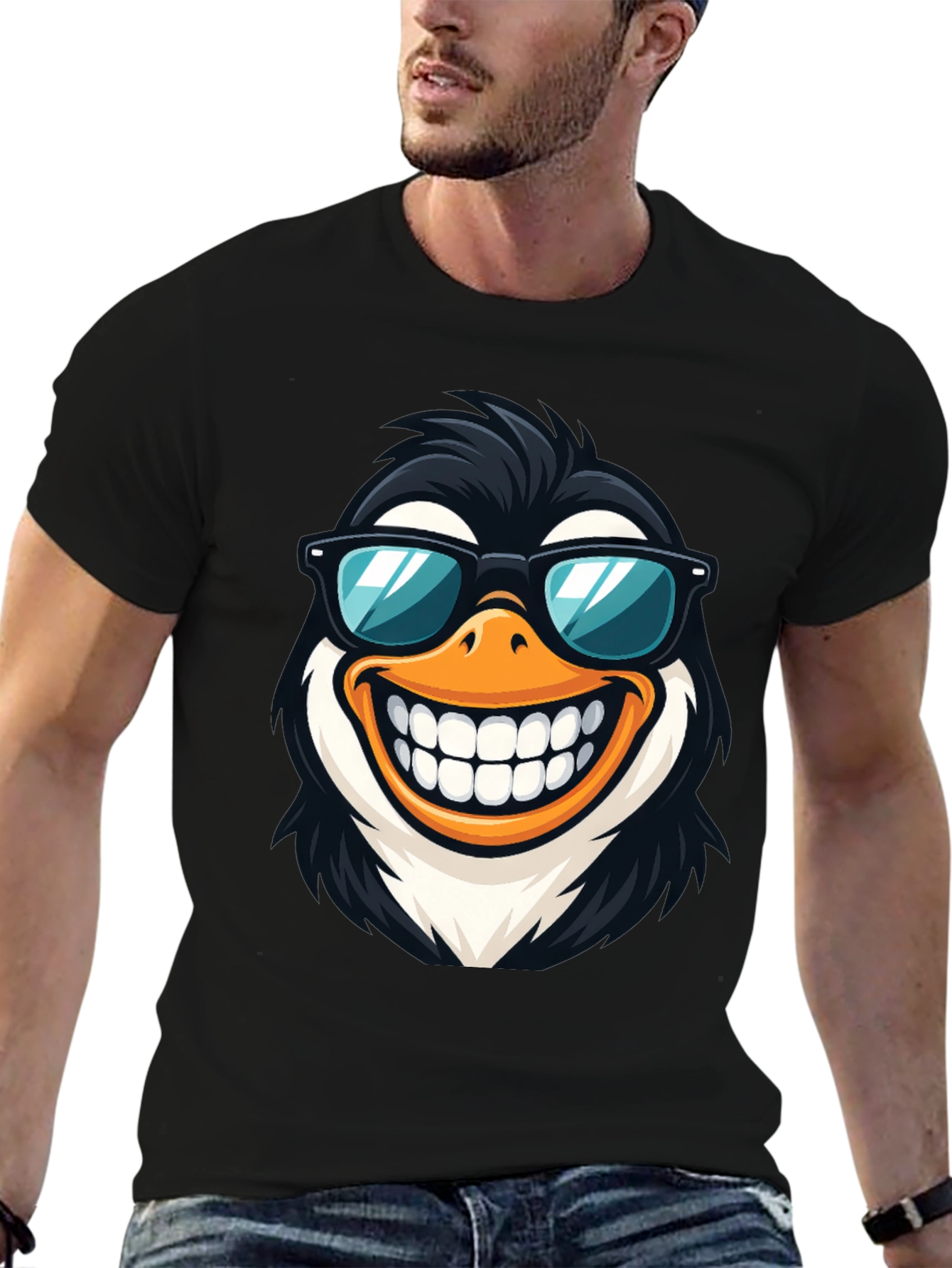 Black Cool Penguin Graphic Tee - Black Cotton T-Shirt view 6