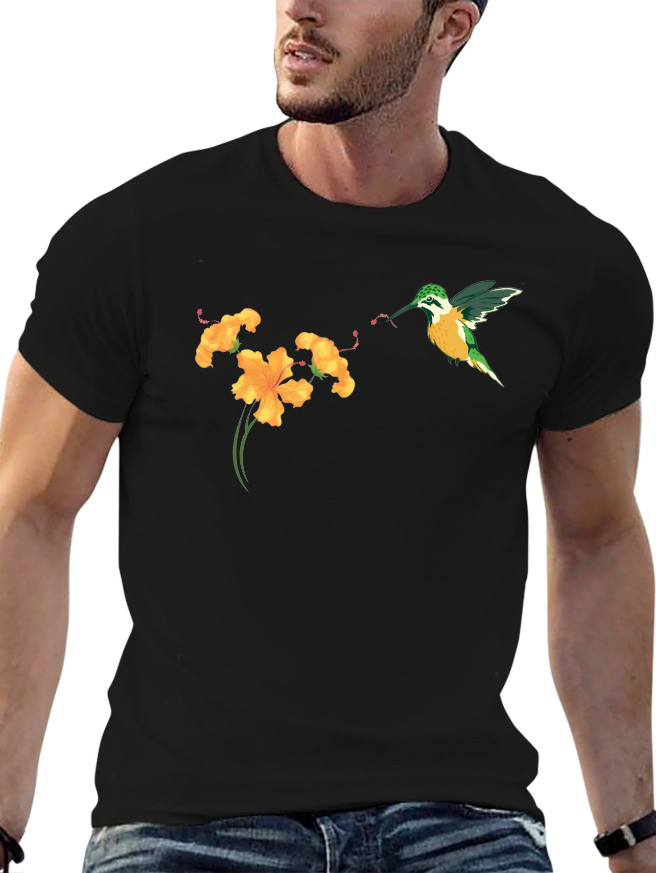 Black Hummingbird & Flower Graphic Tee - Stylish Black T-Shirt view 6