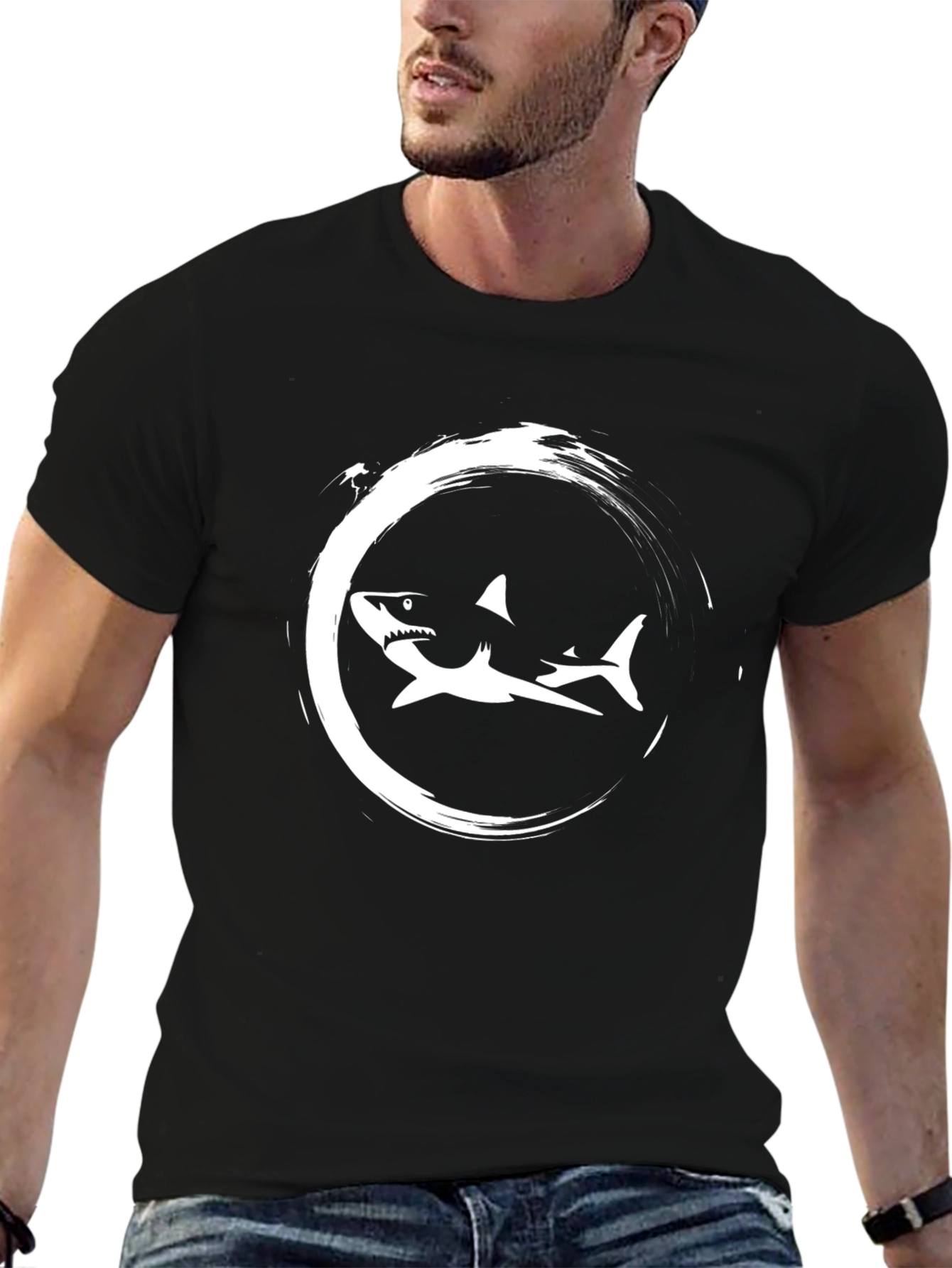 Black Shark Circle Graphic Print Black T-Shirt view 6