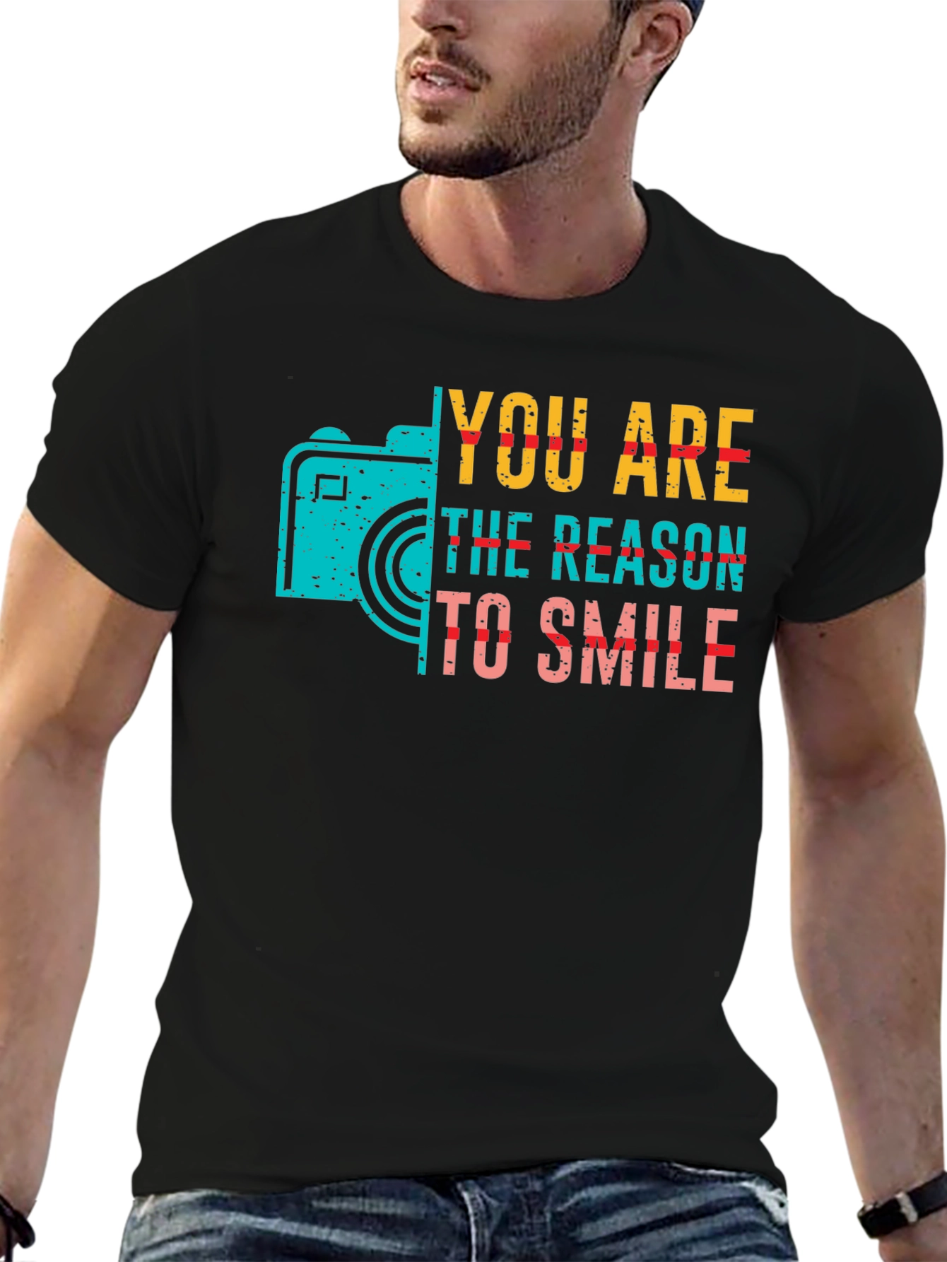 Black You Are The Reason To Smile Camera Graphic Tee view 6
