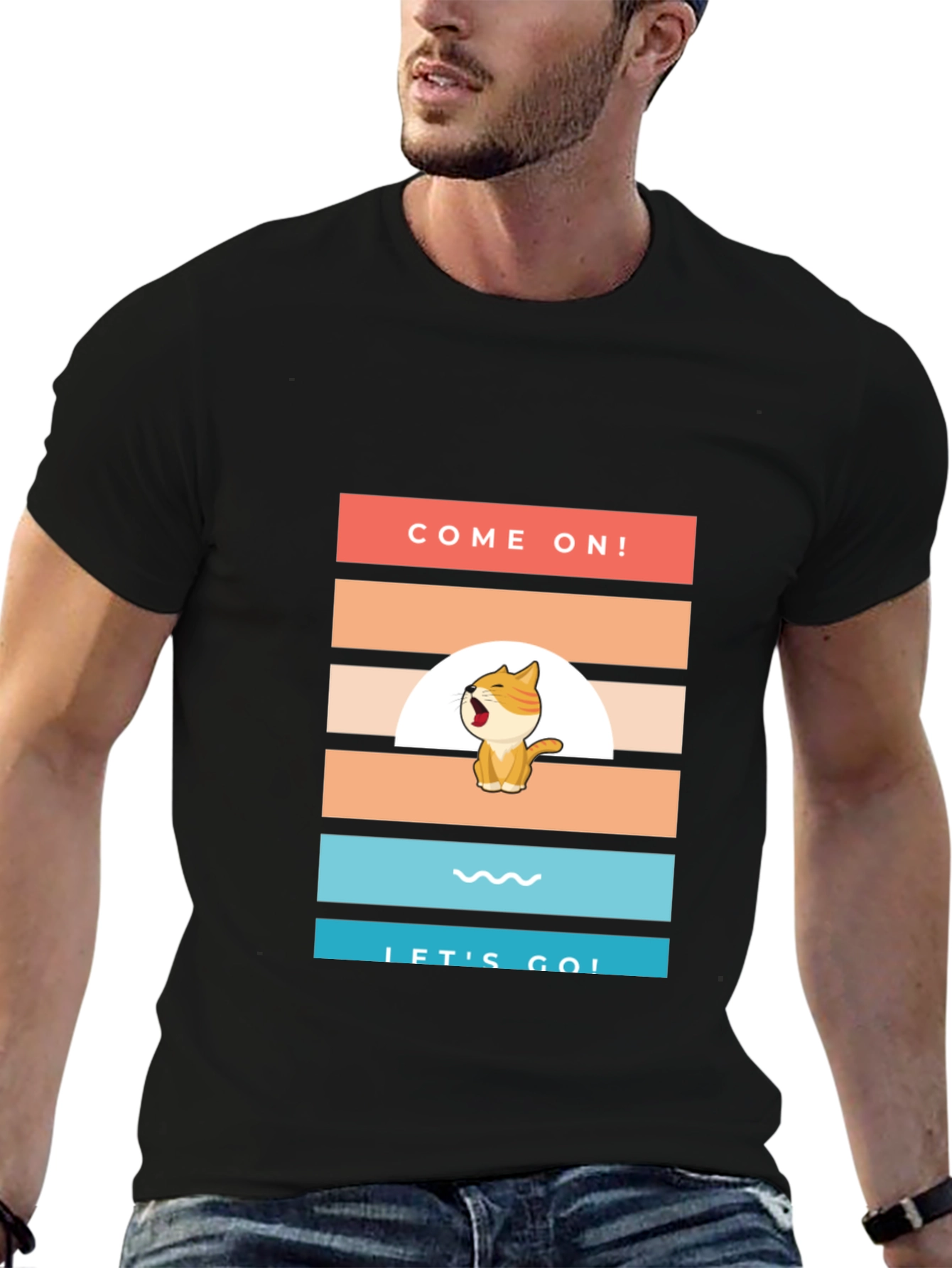 Black Come On! Let's Go! Cartoon Cat T-Shirt view 6