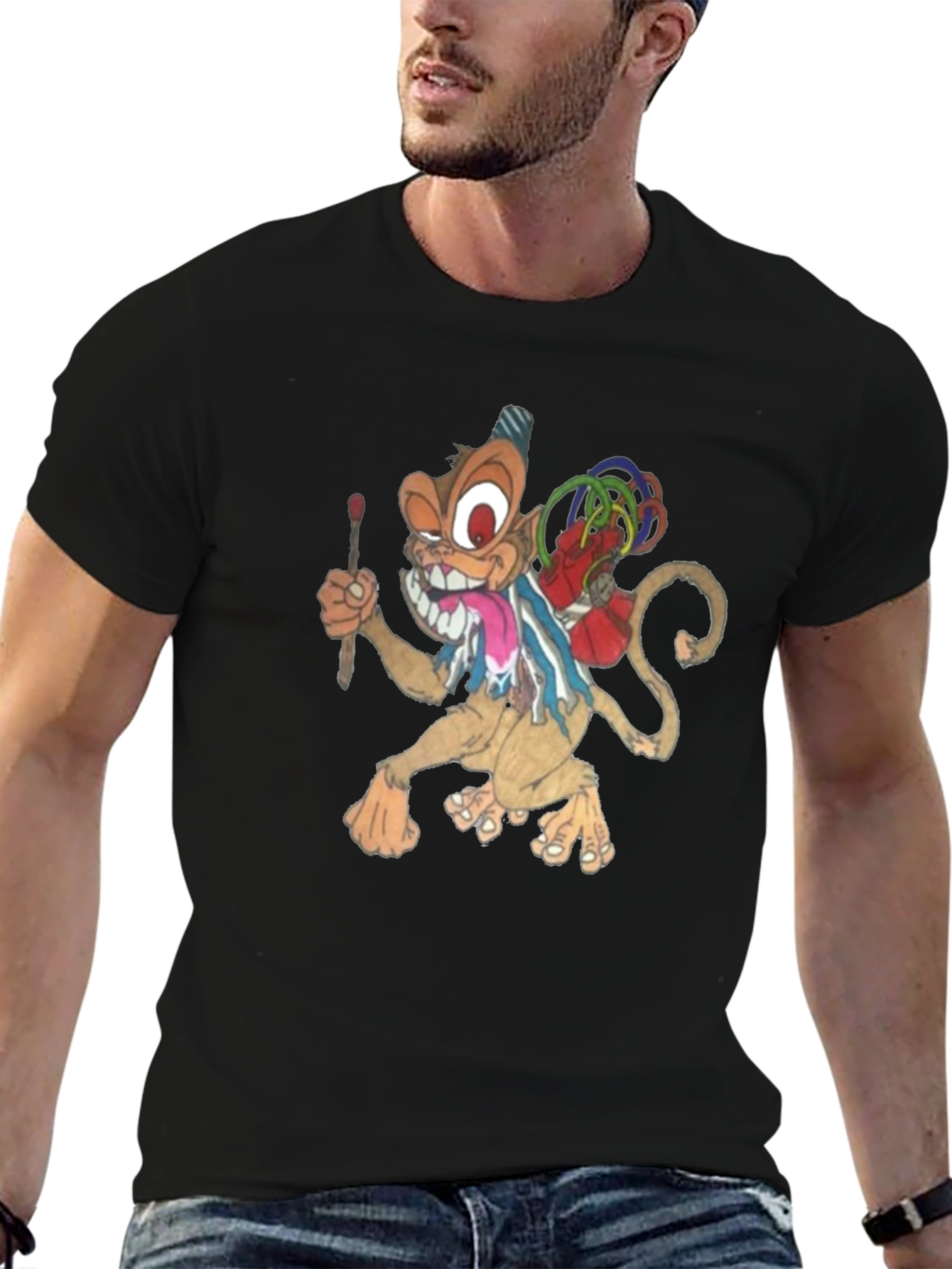 Black Cartoon Monkey Graphic Print T-Shirt view 6