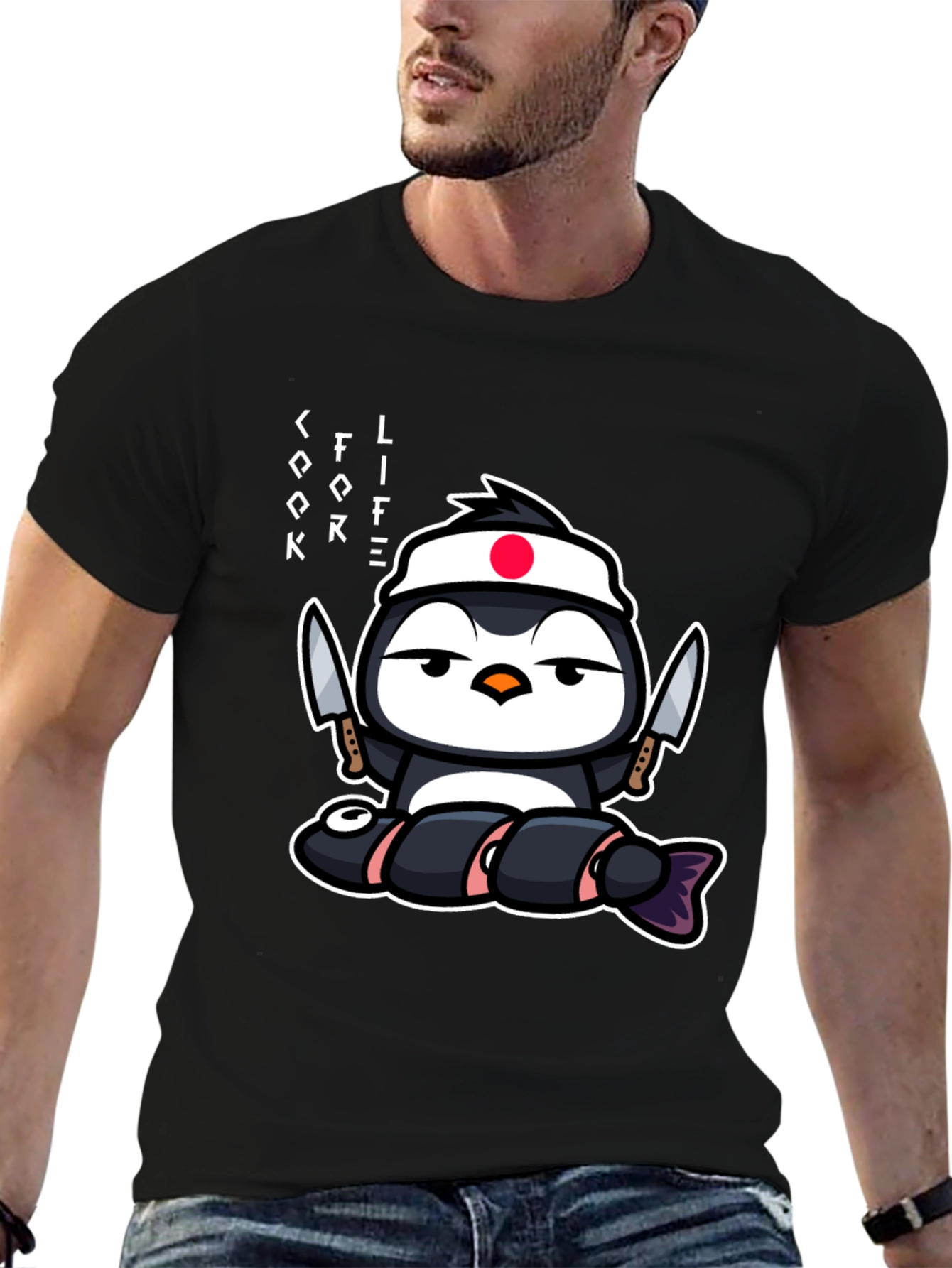 Black Sushi Chef Penguin T-Shirt - Cook Life view 6