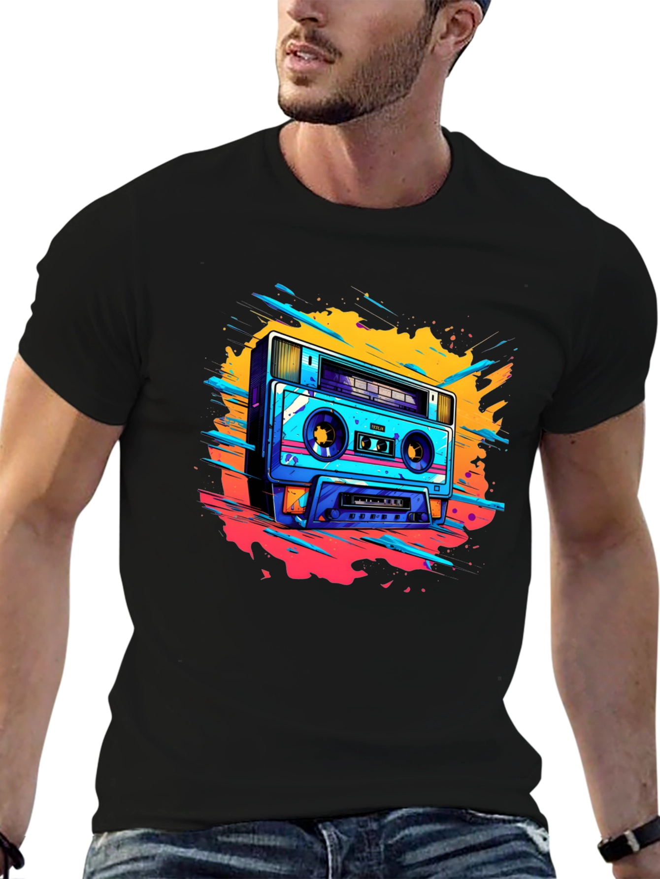 Black Retro Boombox Graphic Tee - Black Cotton T-Shirt view 6